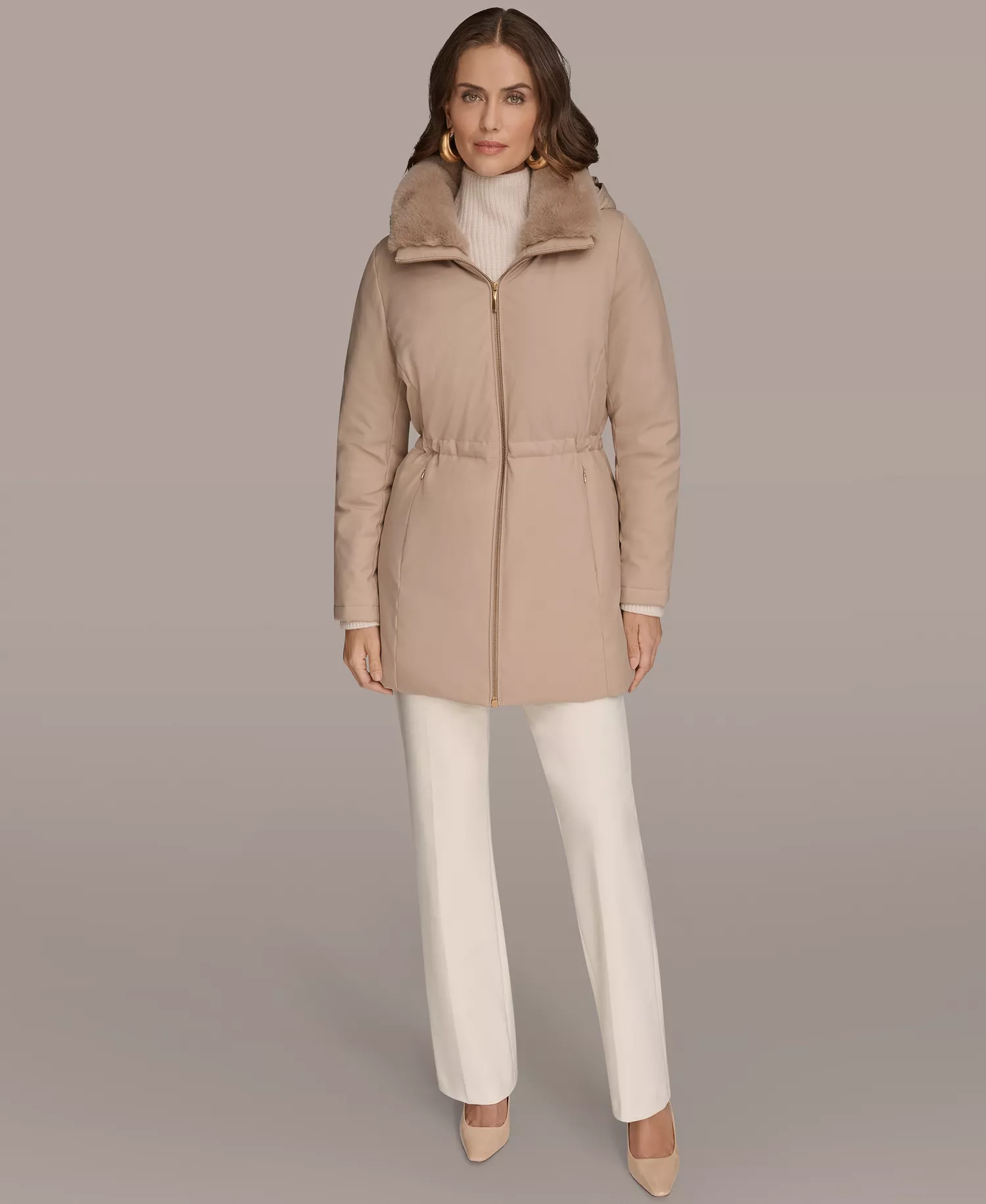Women's Faux-Fur-Collar Short Puffer Coat - Barley - L