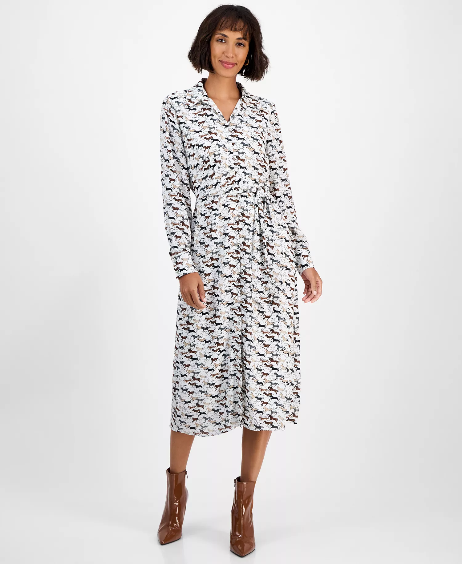 Women's Horse-Print Button-Front Long-Sleeve Dress - Wild Horse - L