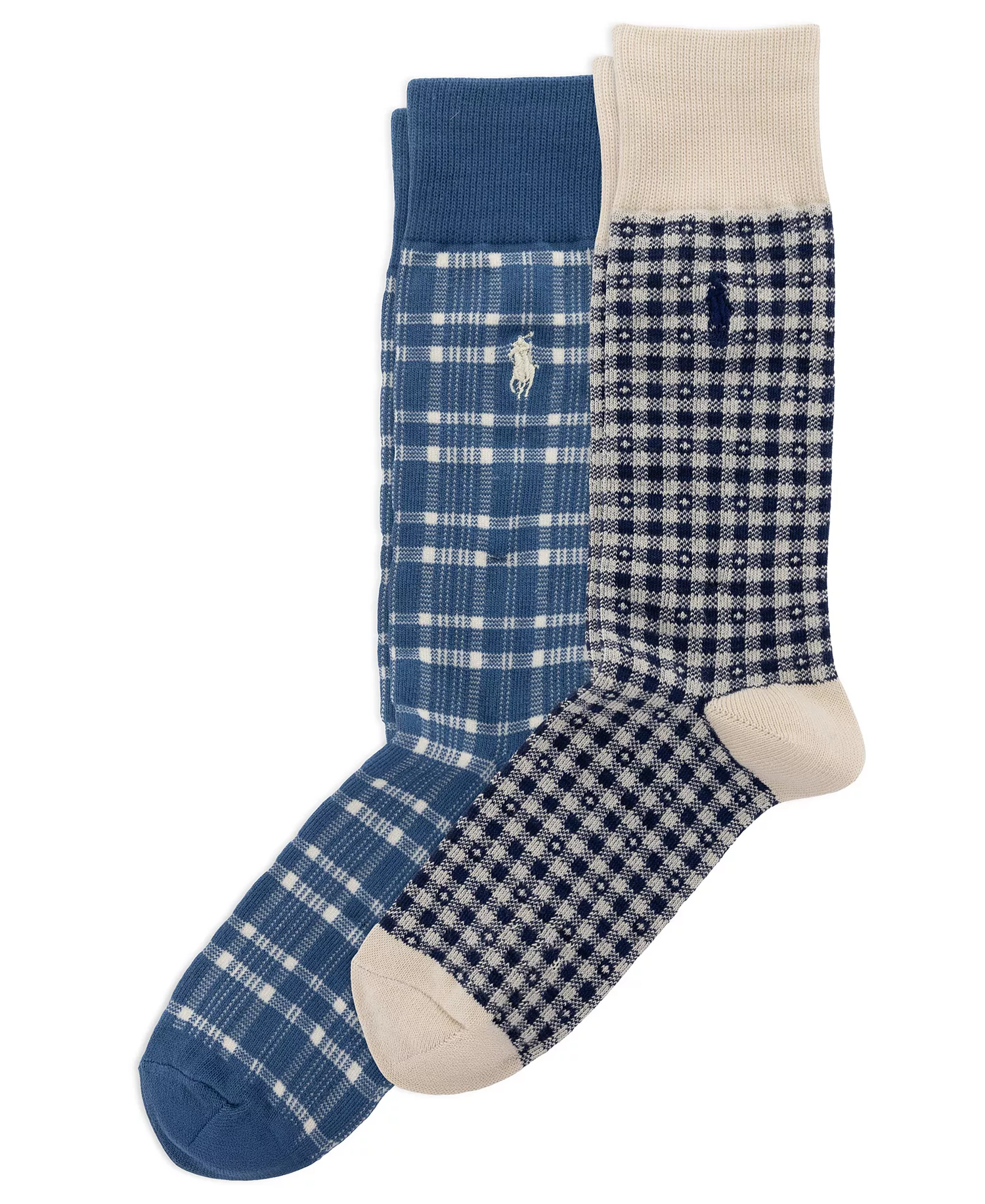 Men's Polo Novelty Plaid Crew Socks, 2-Pack - Blue/Beige - 10-13