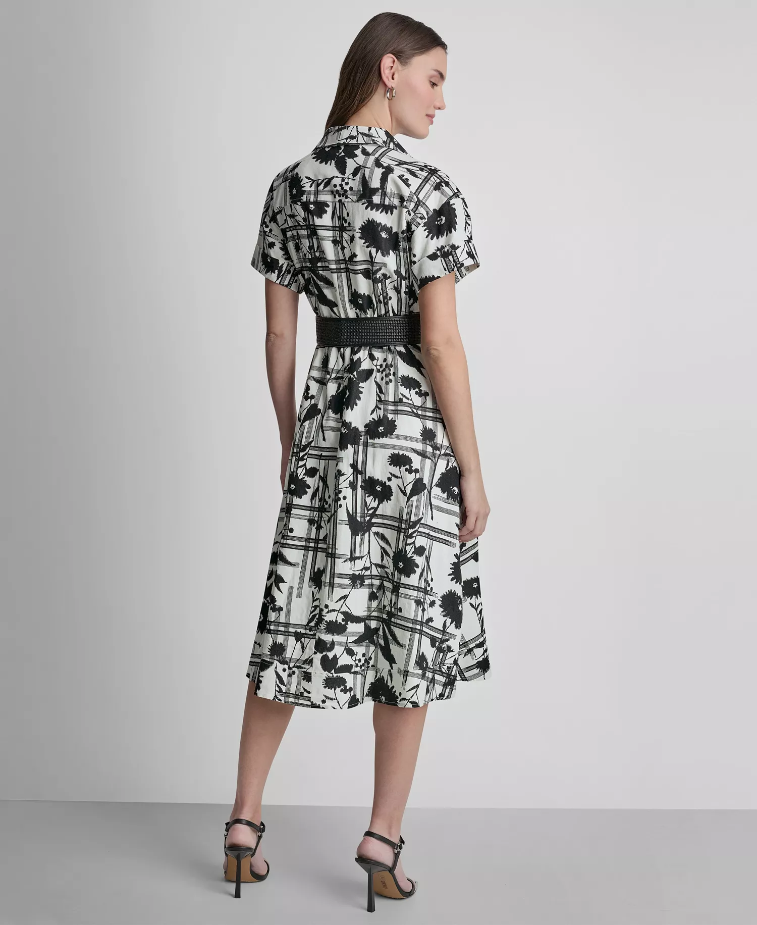 Women's Short-Sleeve Collared Neck Belt Midi Shirtdress - Ivory/Black - 10