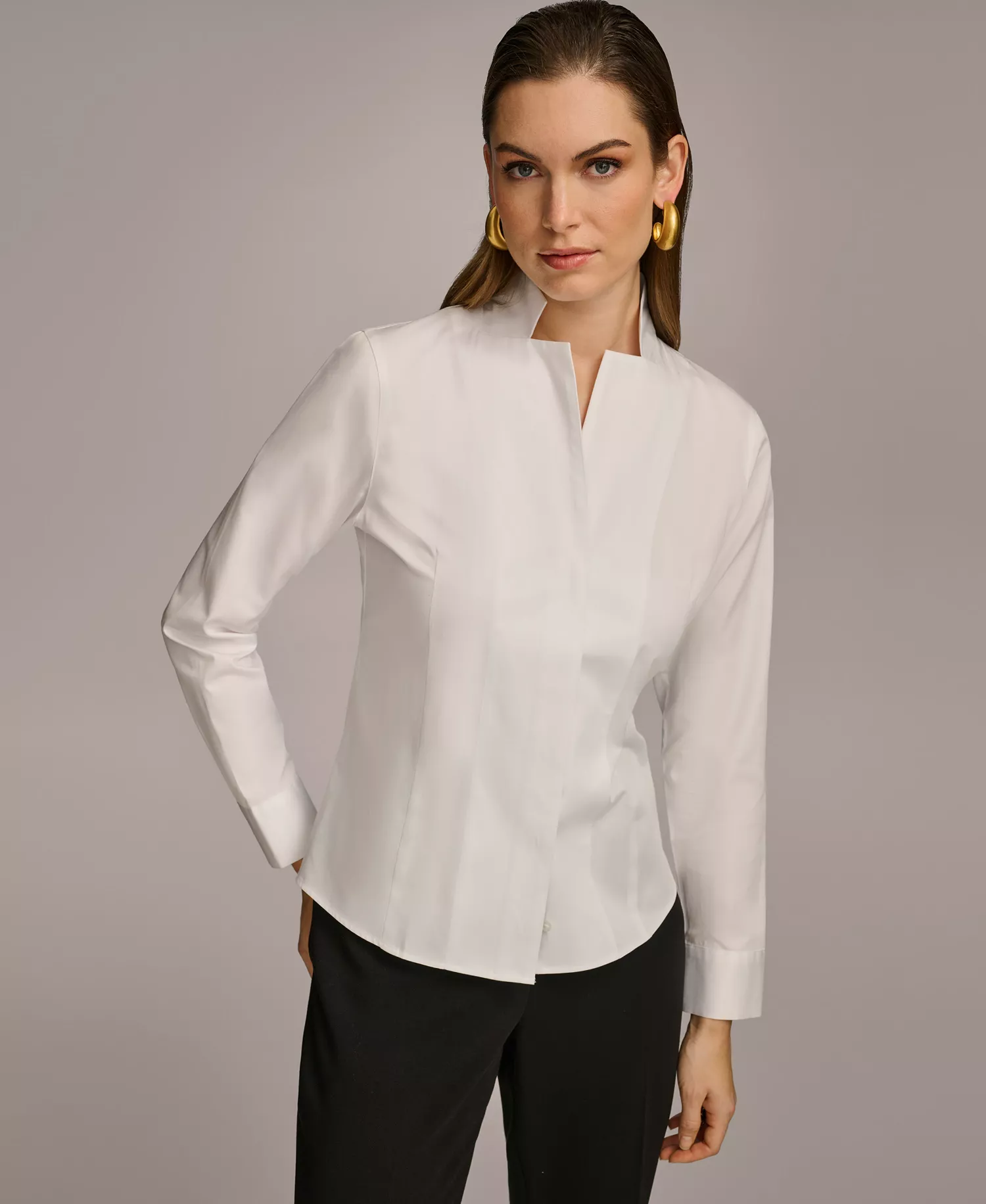 Women's Stand Collar Button Front Cotton Shirt - White - XS