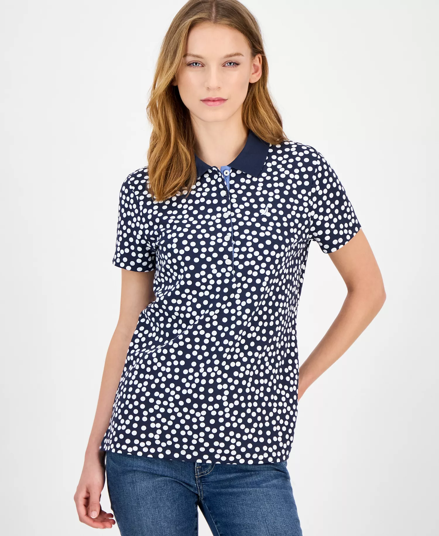 Nautica Women's Snow Dot Polo Shirt - Night Sky/ Bright White - L