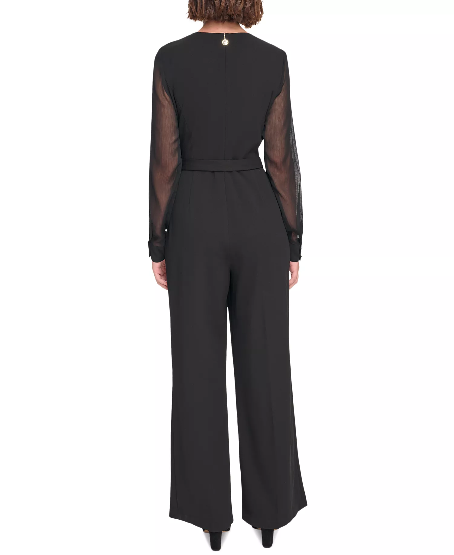 Women's Long-Chiffon-Sleeve Scuba Crepe Jumpsuit  - Black - 8
