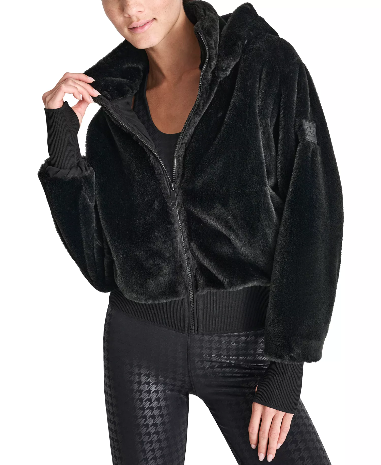 Women's Faux-Fur Zip-Front Bomber Jacket - Black - M