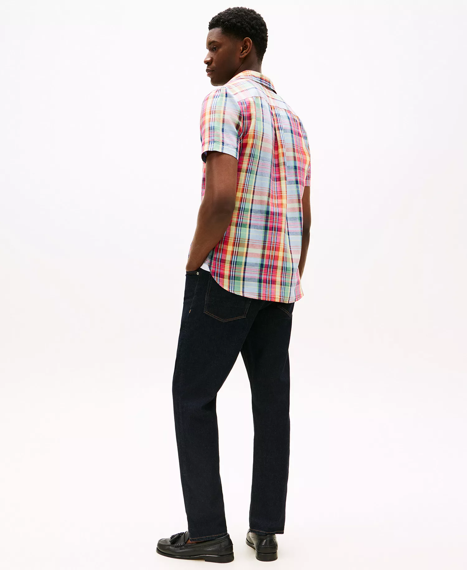 Men's Linen Madras Plaid Short-Sleeve Shirt - Brilliant Orange Multi / Check - L