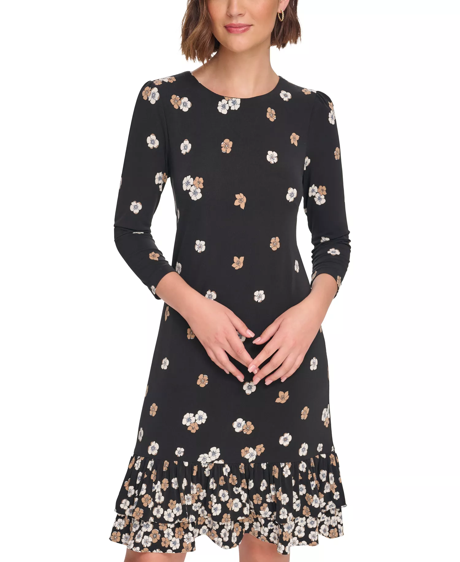 Women's 3/4-Sleeve Flounce-Hem Dress   - Black/cream - 10
