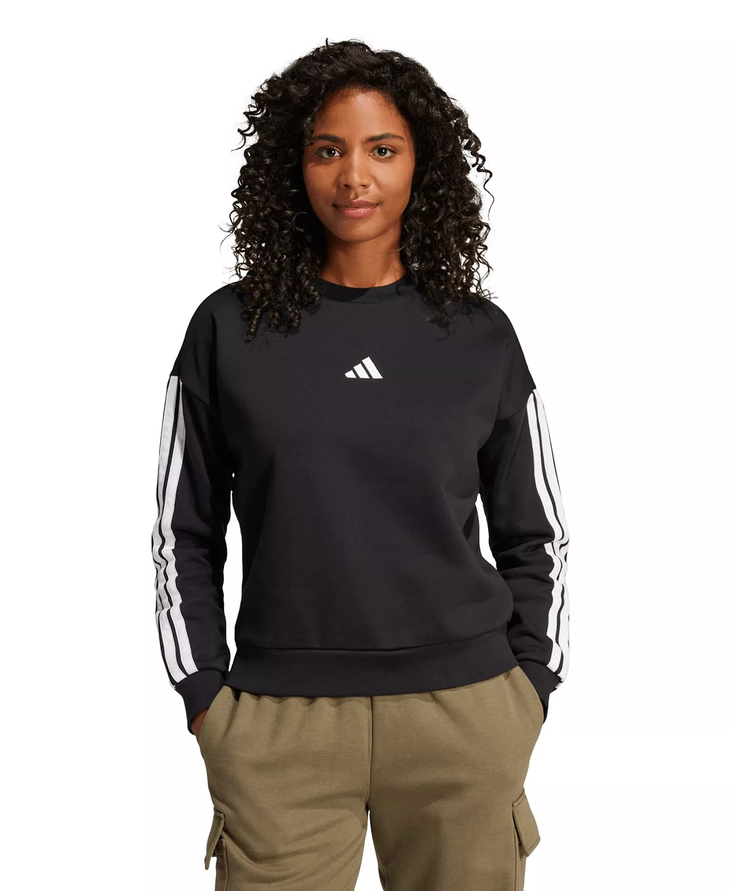 Women's Essentials 3-Stripes Fleece Crew Neck Sweatshirt - Black/White - L