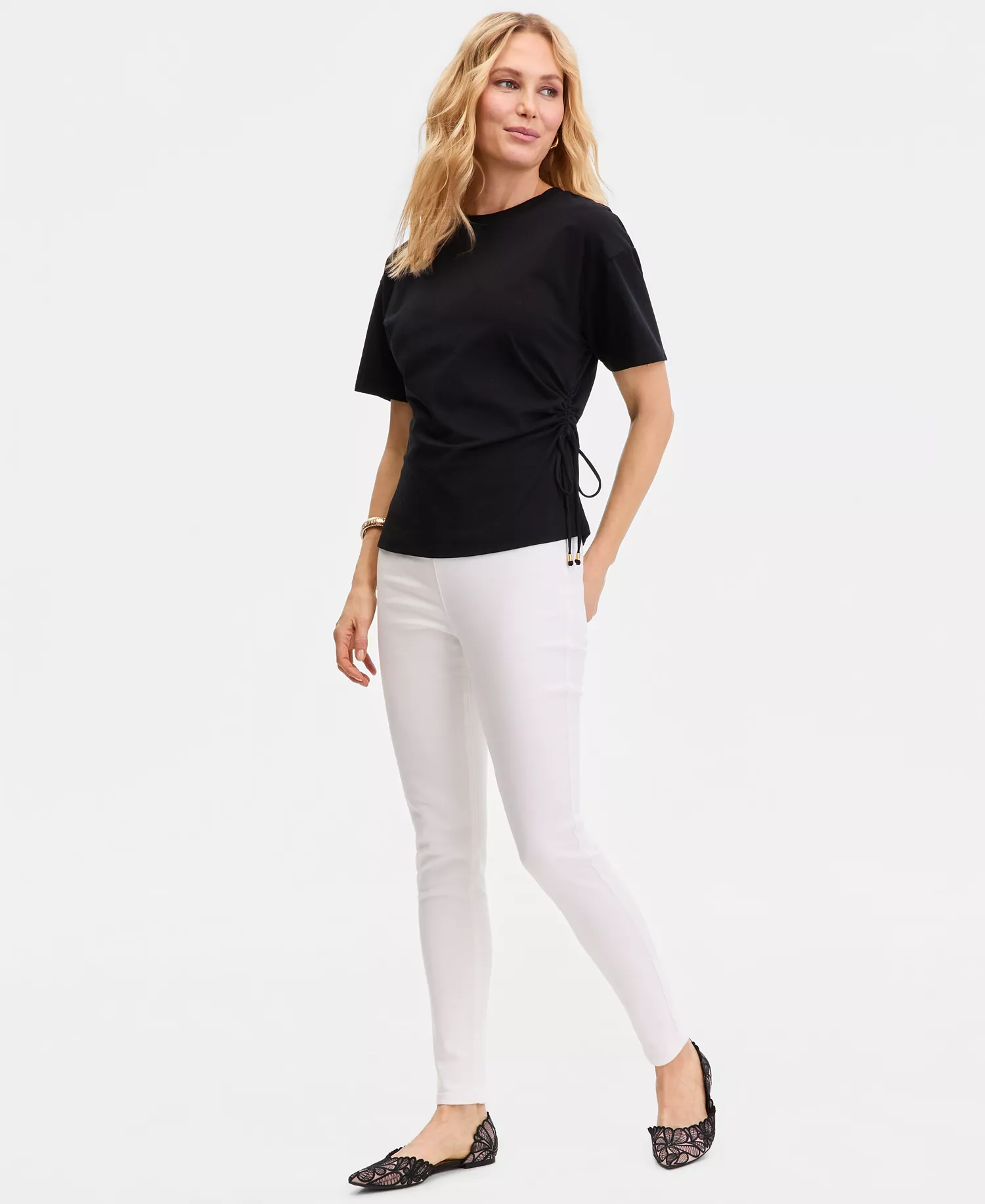 Women's Short Sleeve Side Tie T-Shirt, Macy's Exclusive - Deep Black - L