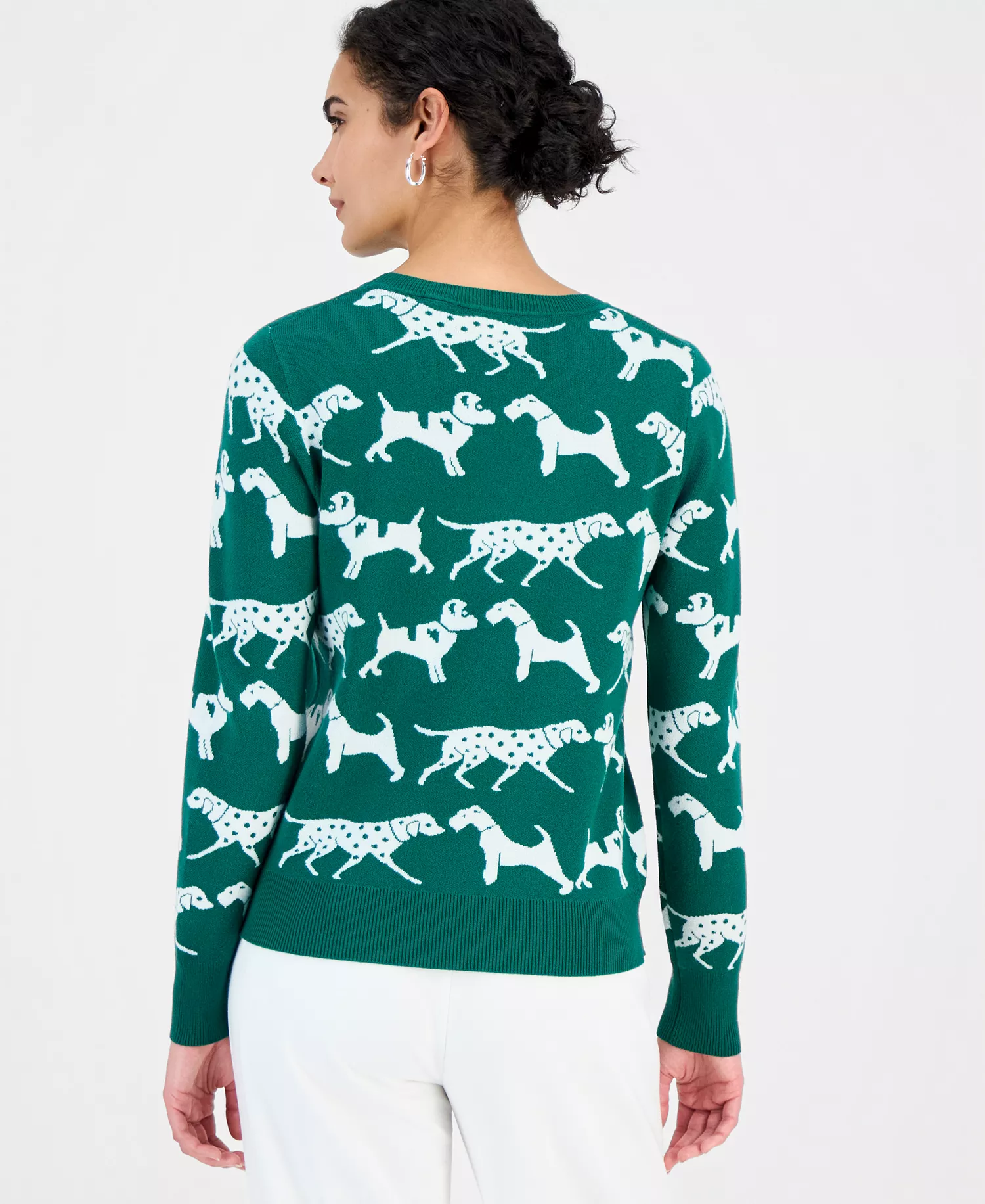 Women's Dog Jacquard Crewneck Sweater - Green Leaf - L