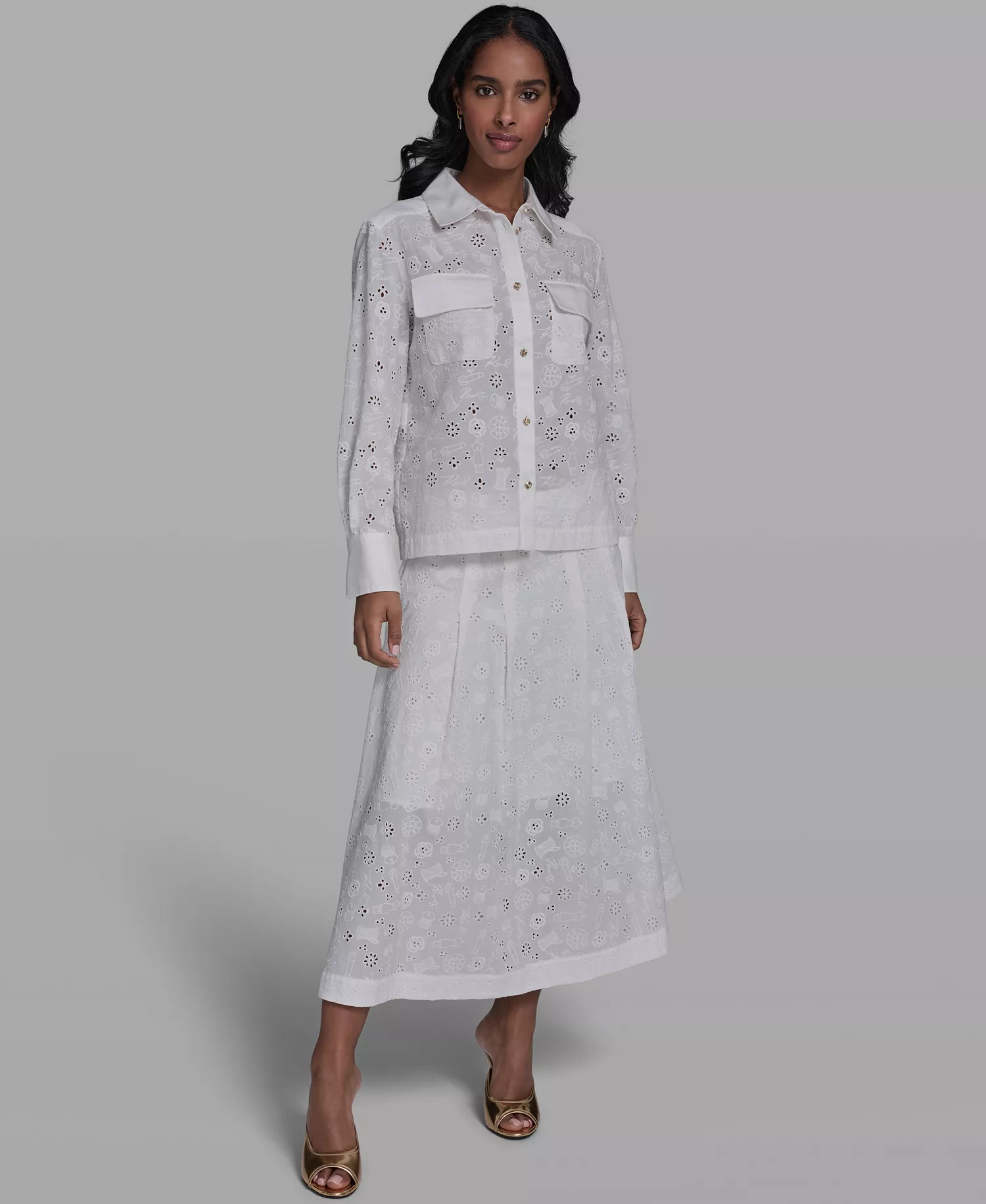 Women's Collared Eyelet Long-Sleeve Blouse - Soft White - L