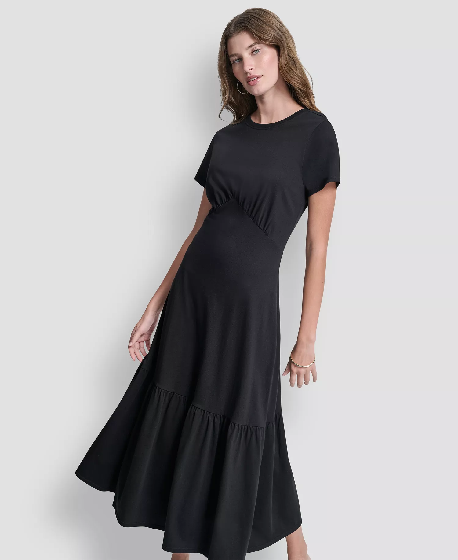 Women's Ruched Bodice Crew Neck Tier Long Dress - Black - L