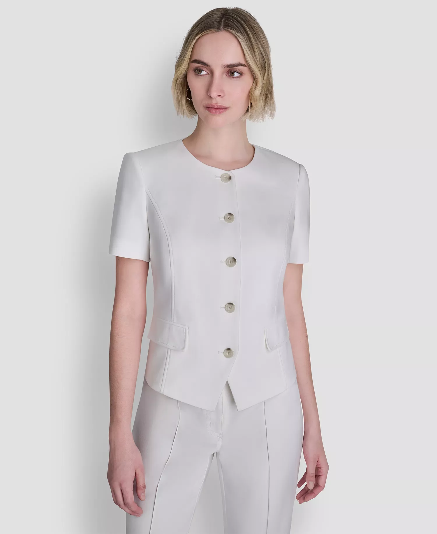 DKNY Women's Crew Neck Short-Sleeve Top and Straight Leg Pintuck Pants - Ivory - 10