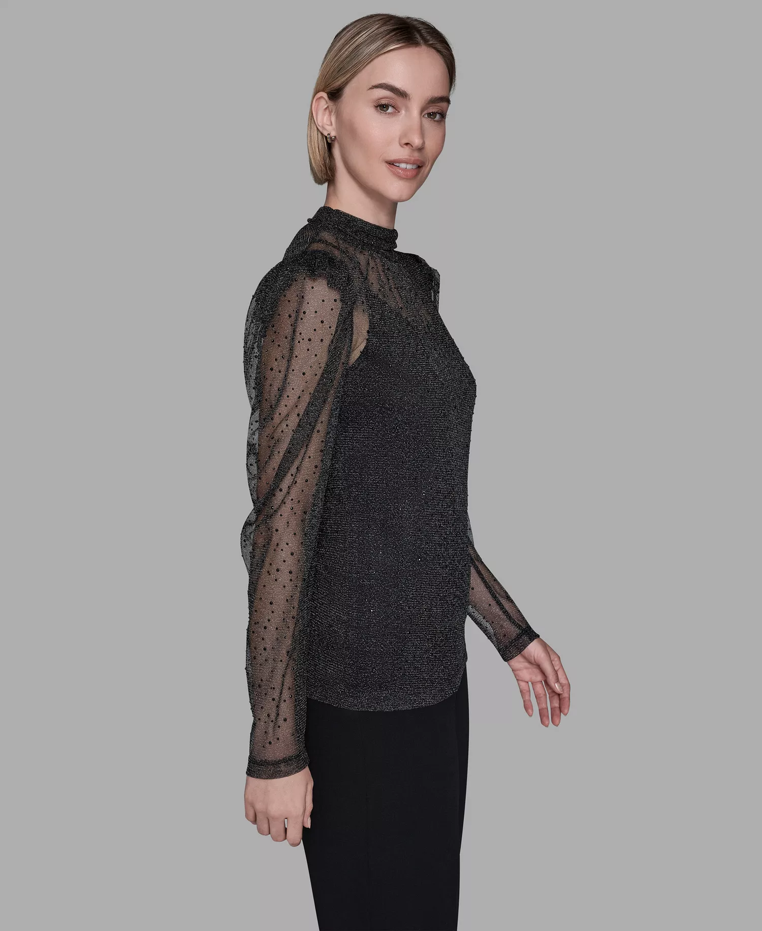 Women's Metallic Mesh High Neck Top - Black - S