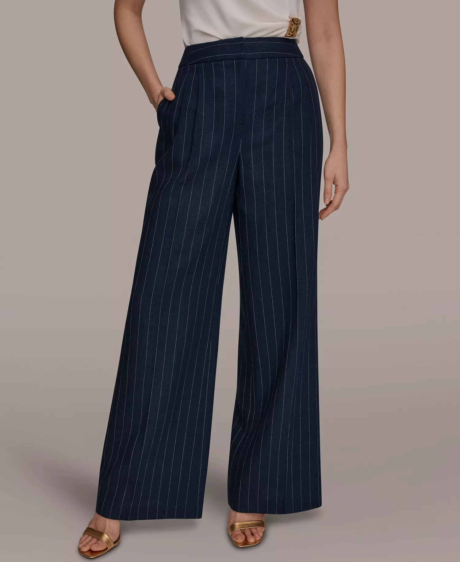 Women's Pinstripe High-Waist Wide-Leg Pants - Nightfall/Cream - 0