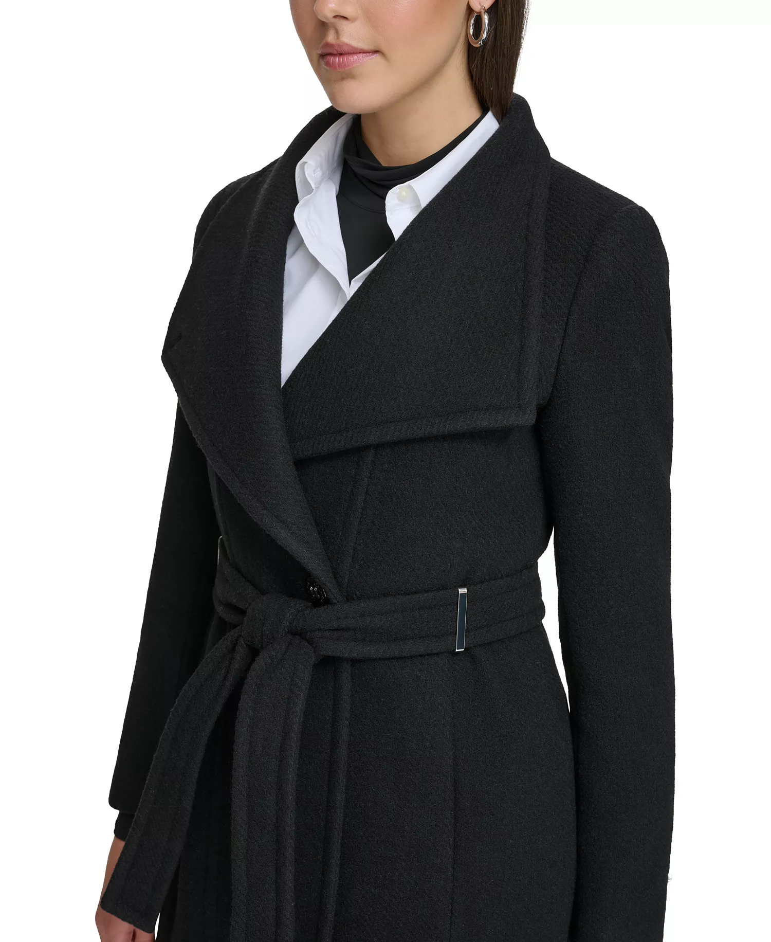 Women's Asymmetrical Belted Wrap Coat - Black Twill - L