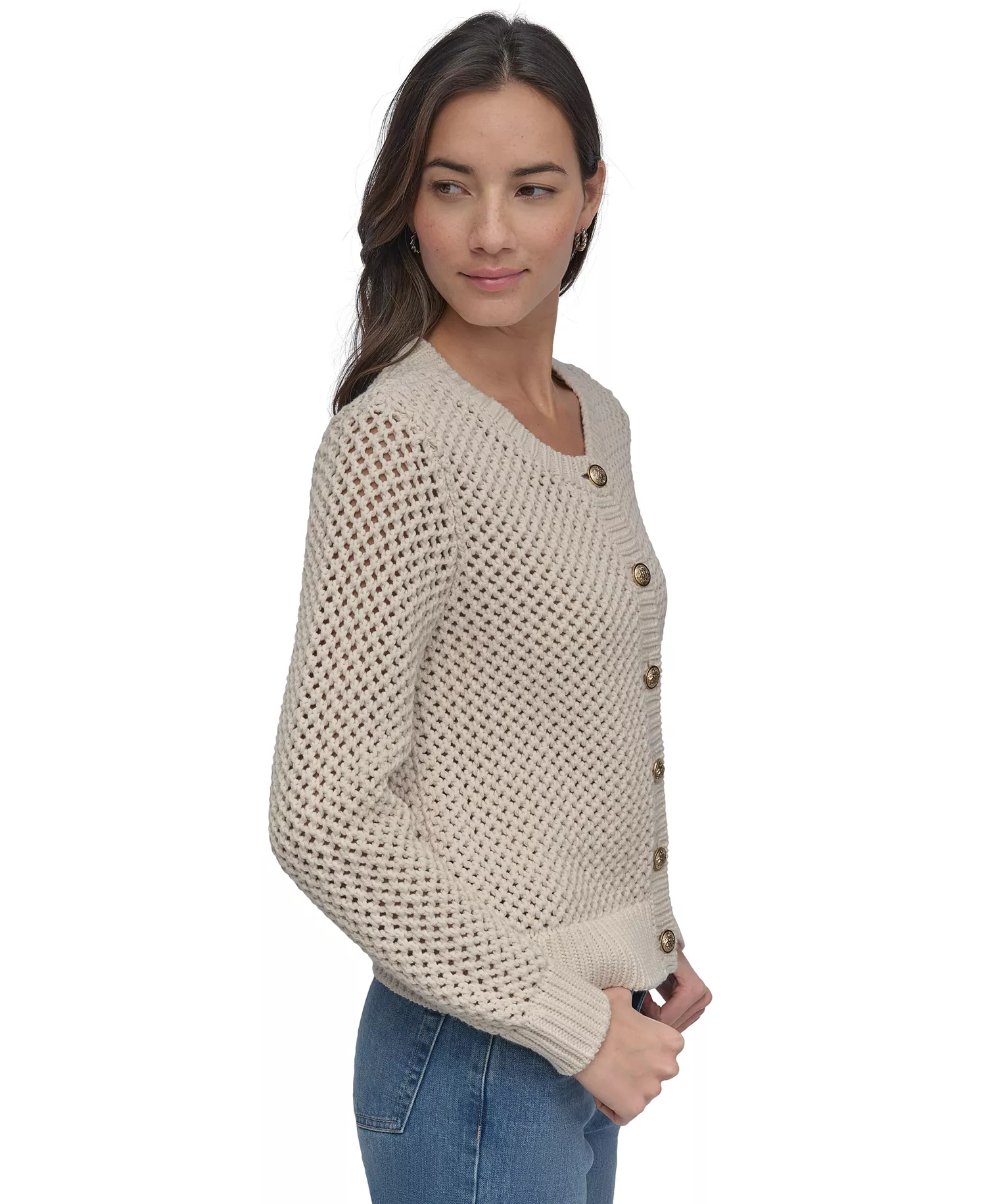Women's Open-Knit Cardigan Sweater - Ivory/Silver - L