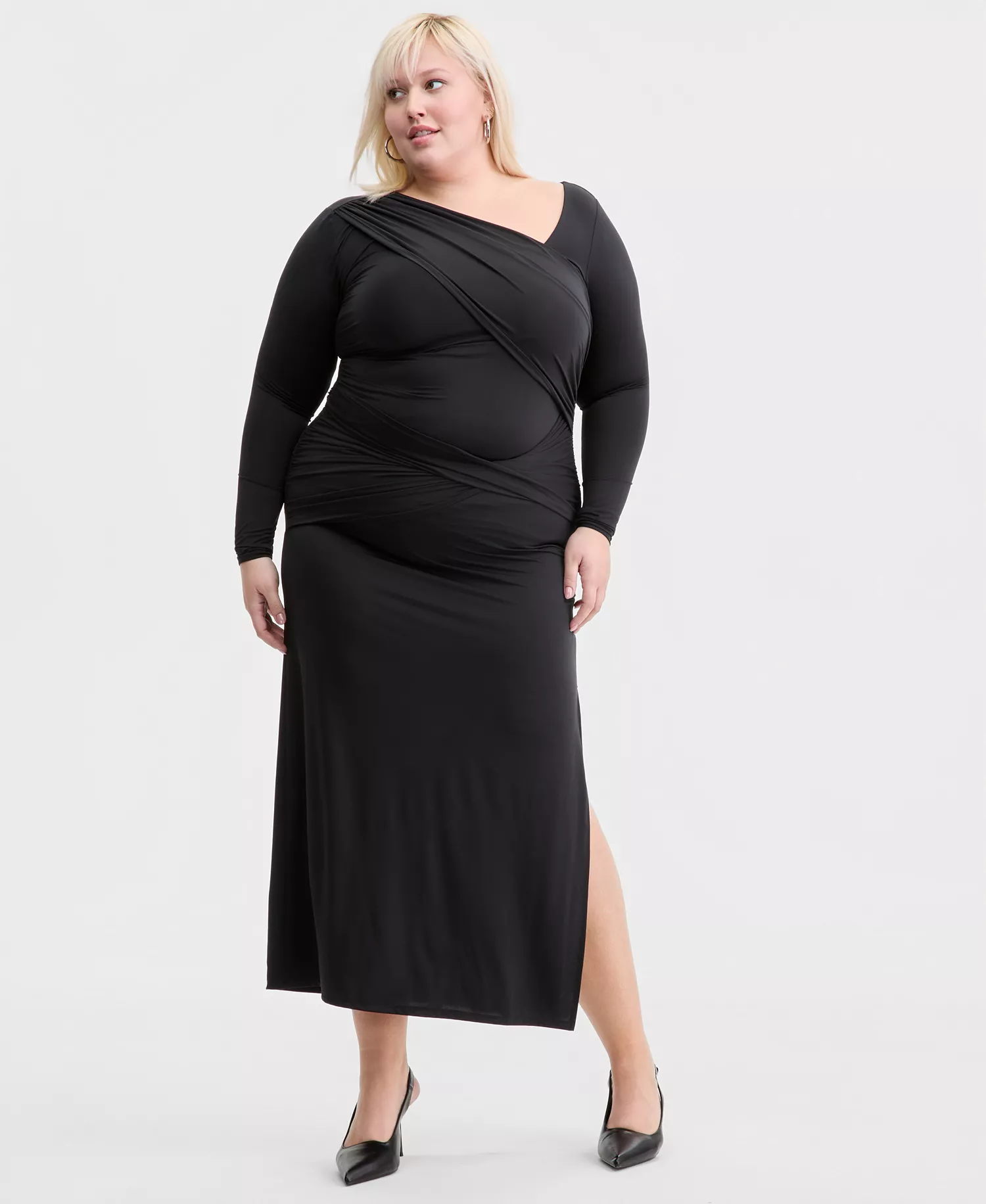 Trendy Plus Size Asymmetrical-Neck Midi Dress, Macy's Exclusive - Black - 0X