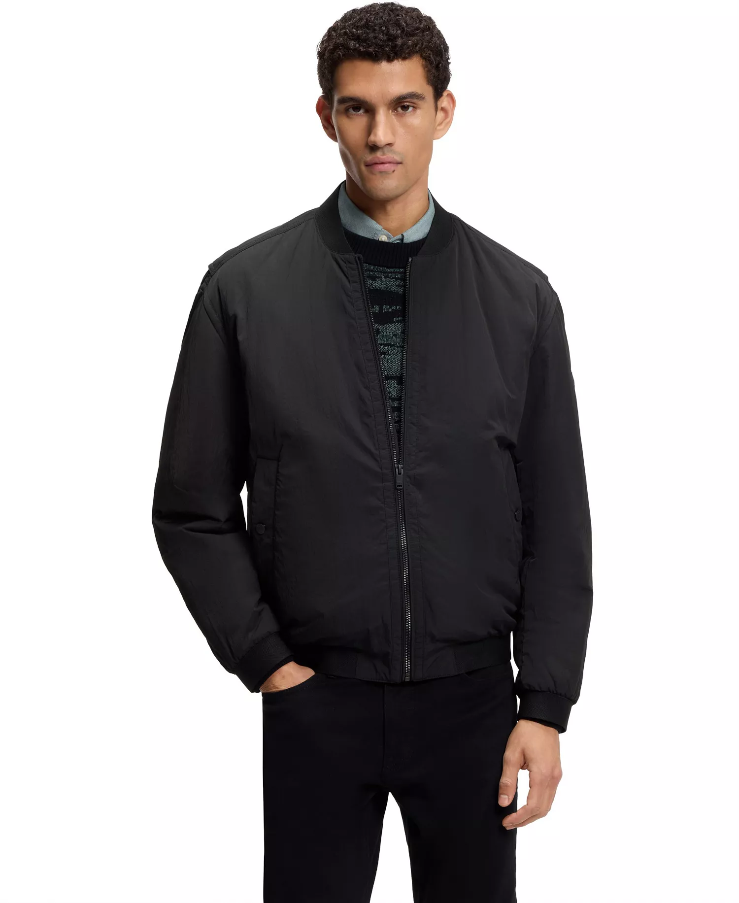 Men's Water-Repellent Soft-Touch Fabric Bomber Jacket - Black - 34R