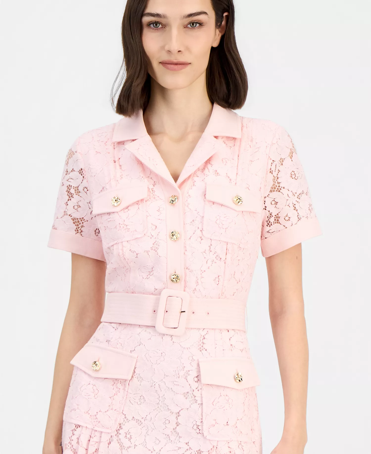 Women's Belted Short-Sleeve Lace Midi Shirt Dress  - Tea Rose - 10