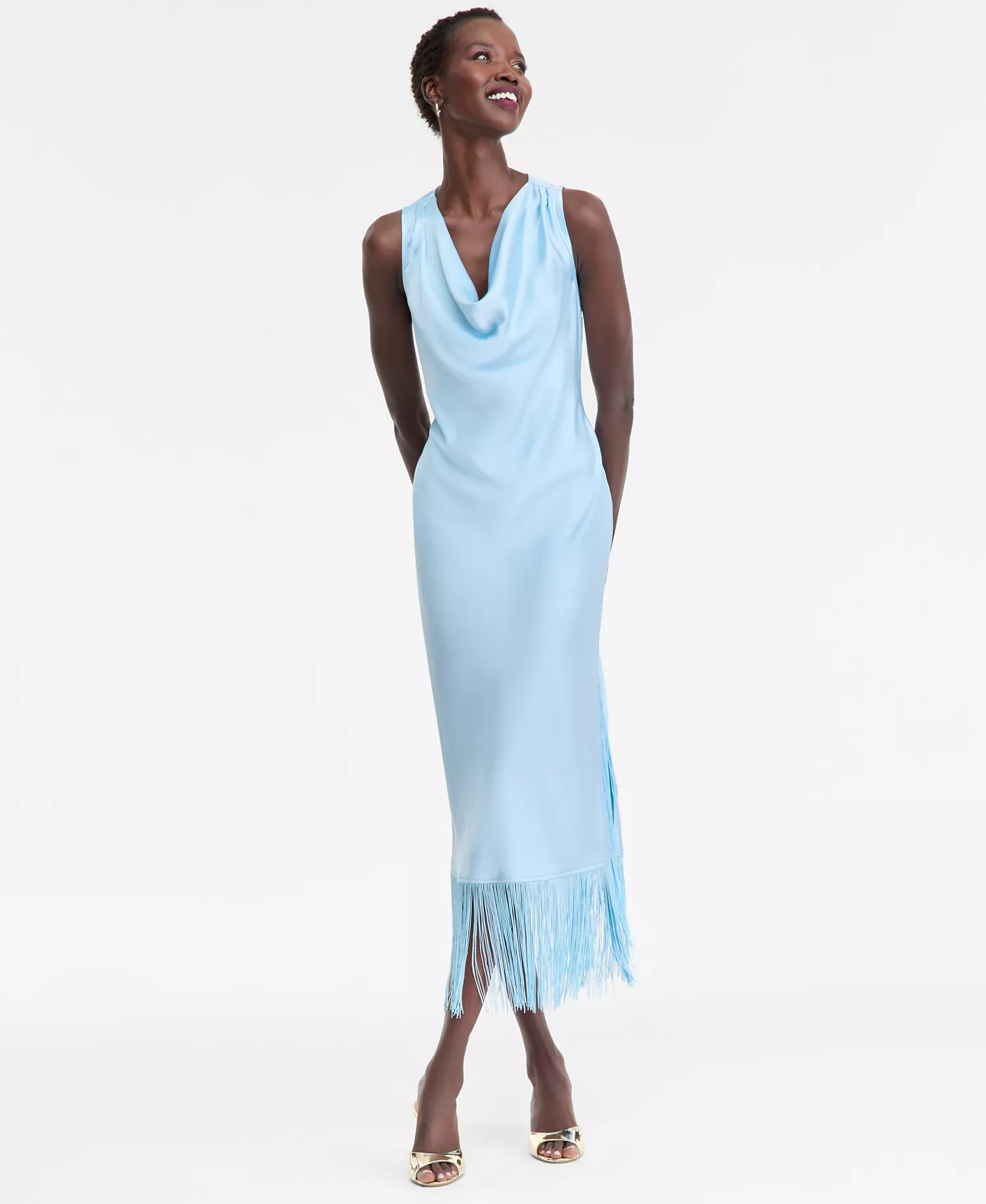 Women's Cowl-Neck Fringe-Hem Midi Dress, Created for Macy's - Wind Surf - 0
