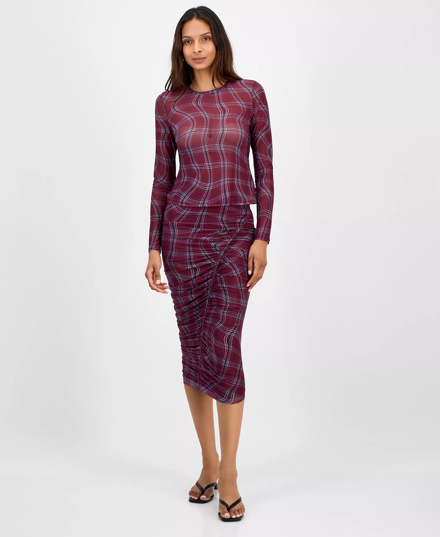 Women's Plaid Mesh Long-Sleeve Top, Macy's Exclusive - Dried Berry - XXS