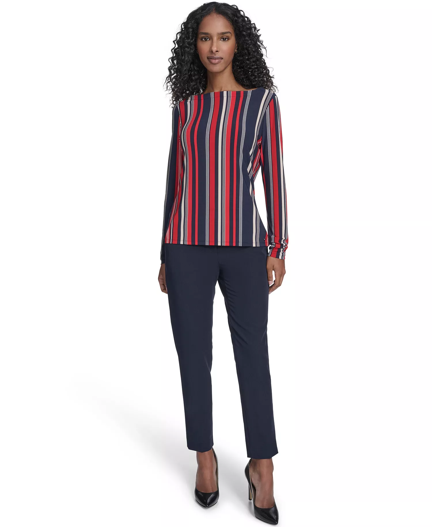 Women's Striped Long Sleeve Boat Neck Top - Midnight/ Scarlet - L