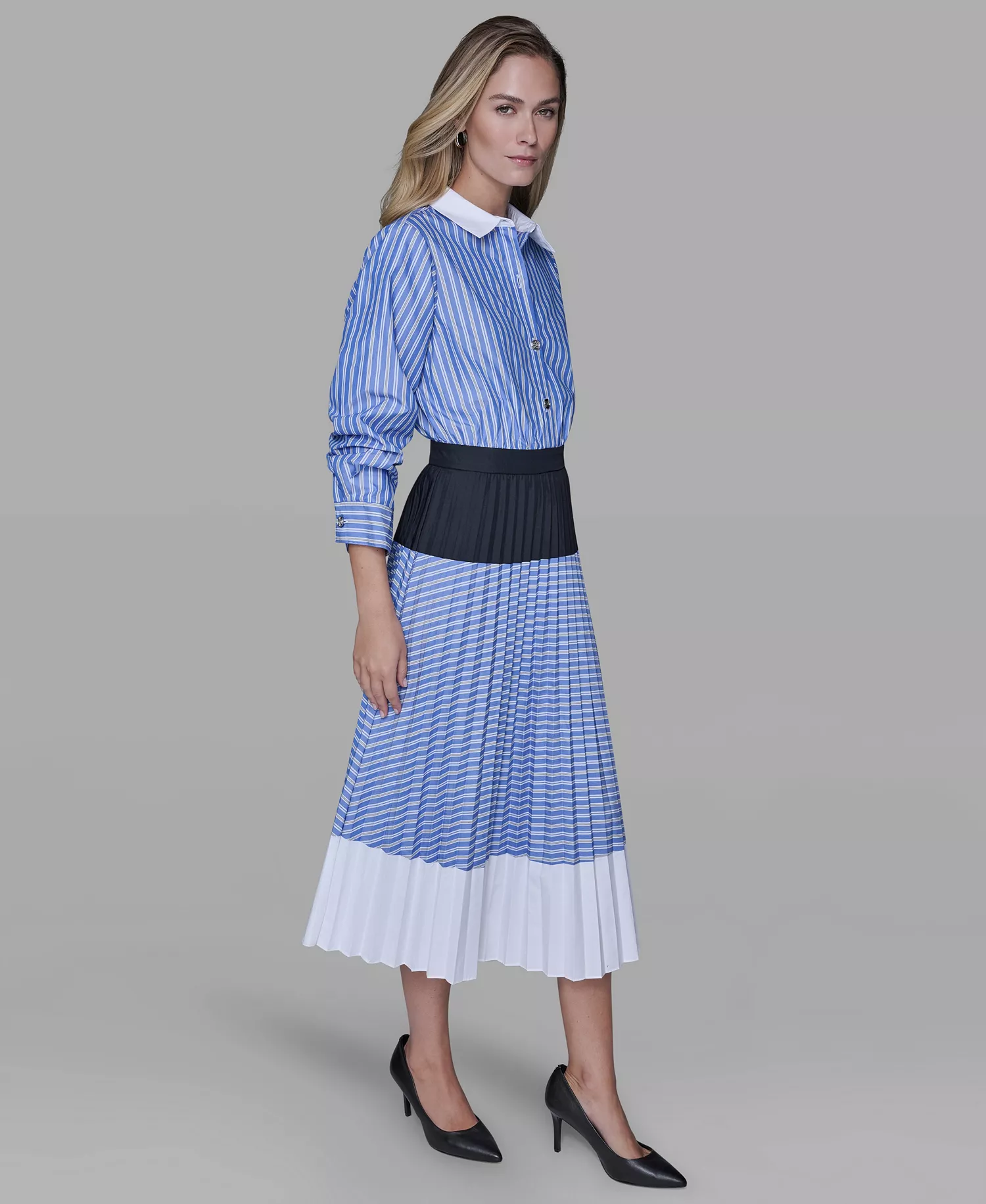 Women’s 3/4 Sleeve Colorblock Pleated Midi Dress - French Blue Combo - 10