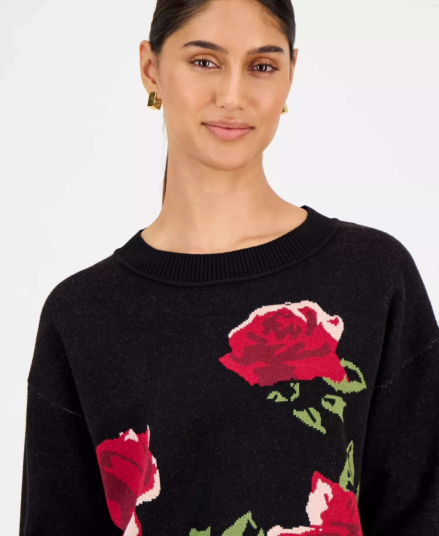 Women's Rose-Print Crewneck Sweater - Black W Rose - M