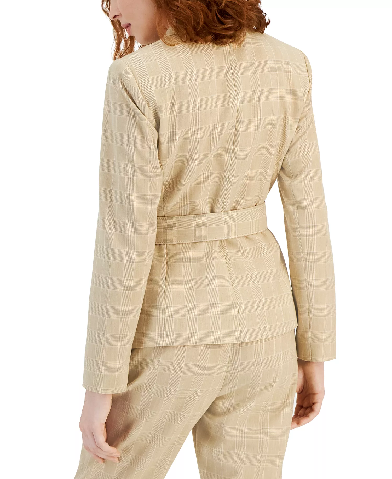 Women's Asymmetrical-Hem Windowpane Belted Blazer - Sand/salmon - 12