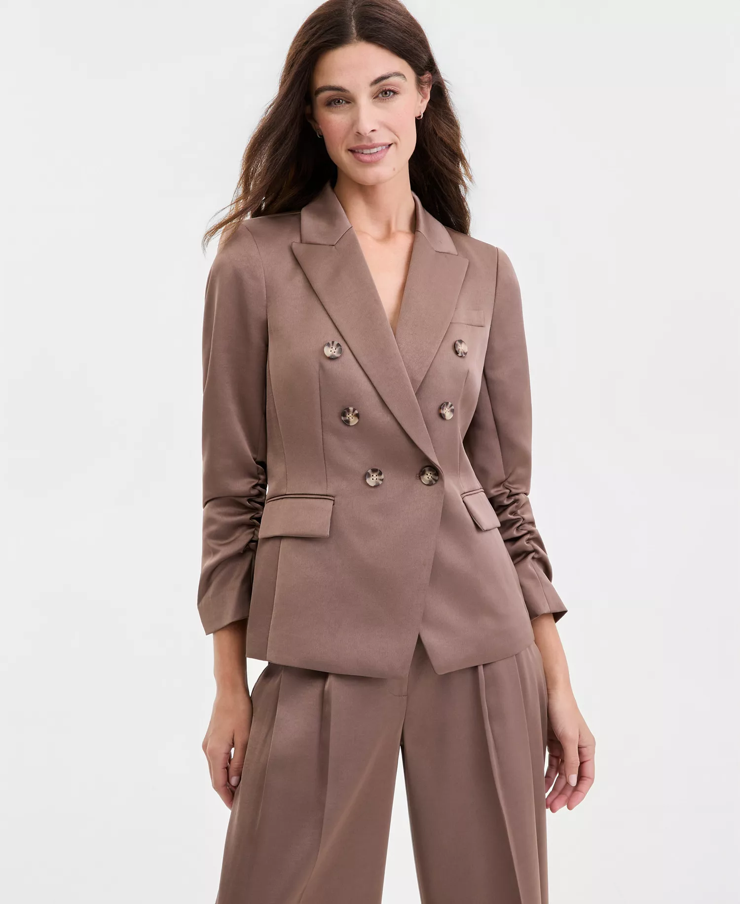 Women's Matte Satin Double-Breasted Scrunch-Sleeve Jacket - Mocha - 10