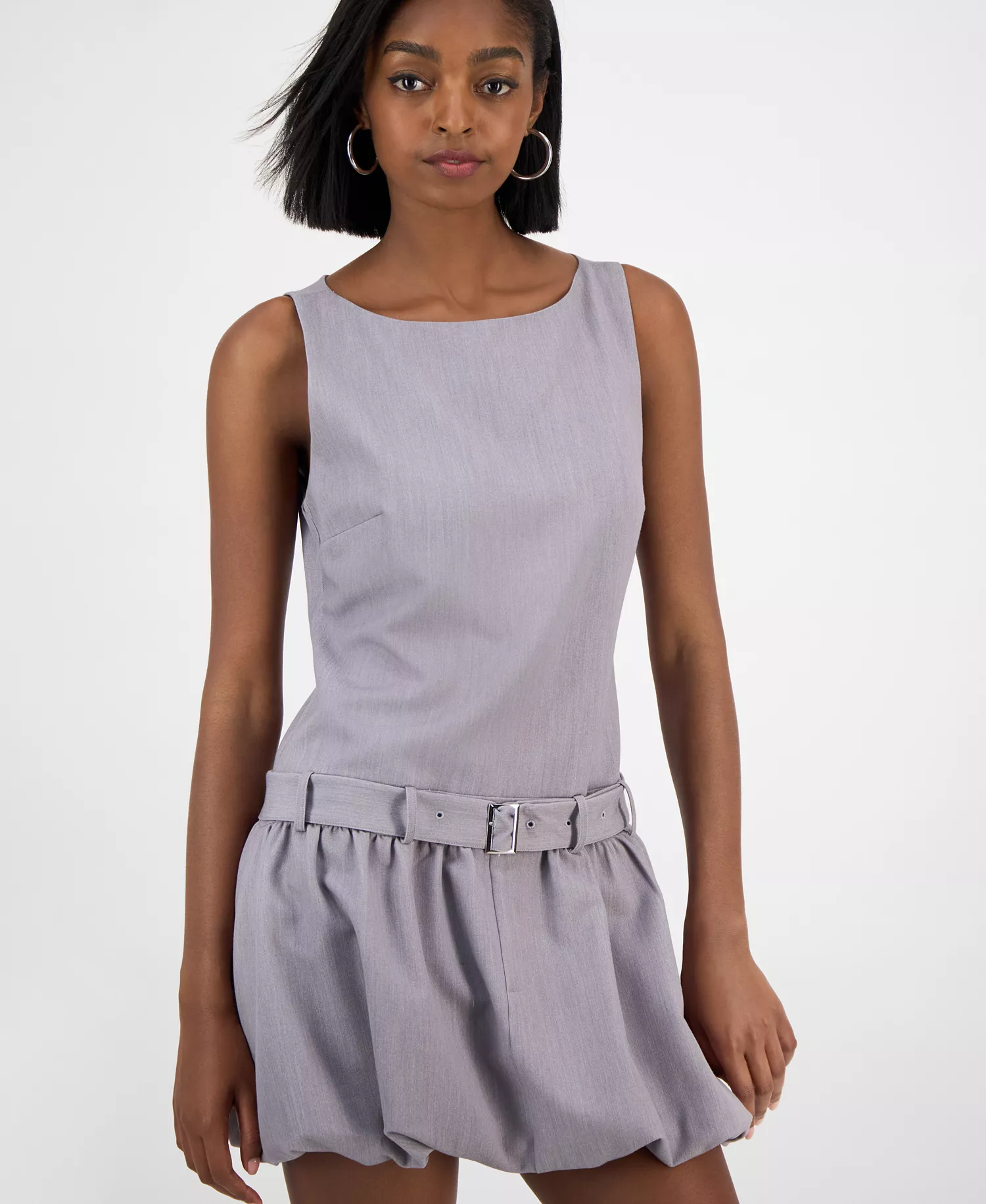 Women's Belted Bubble-Hem Minidress, Macy's Exclusive - Mercury Grey - L