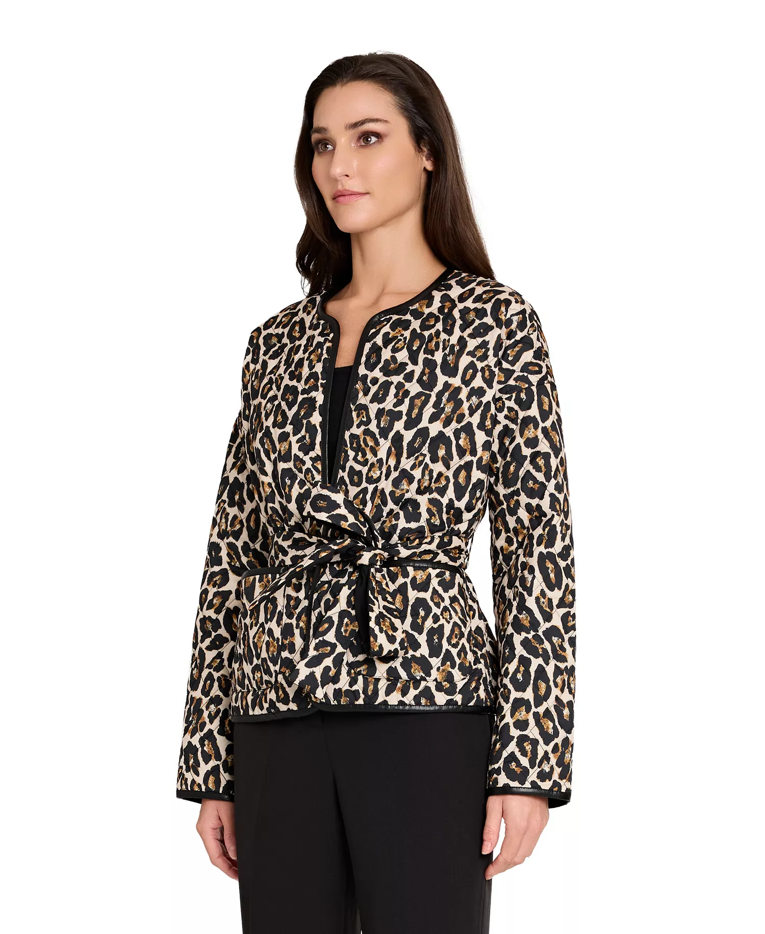 Women's Collarless Tie Belt Quilted Reversible Jacket - Natural Leopard - 10