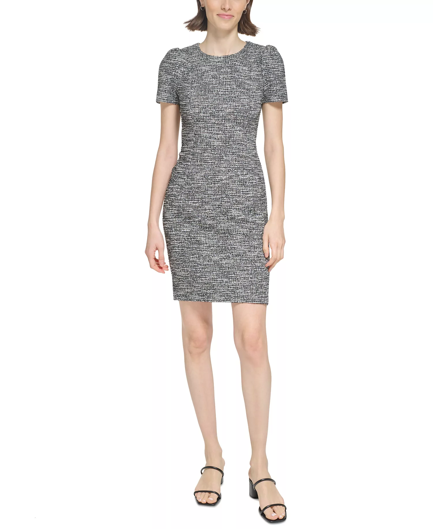 Women's Tweed Short-sleeve Sheath Mini Dress - Black.Cream - 10