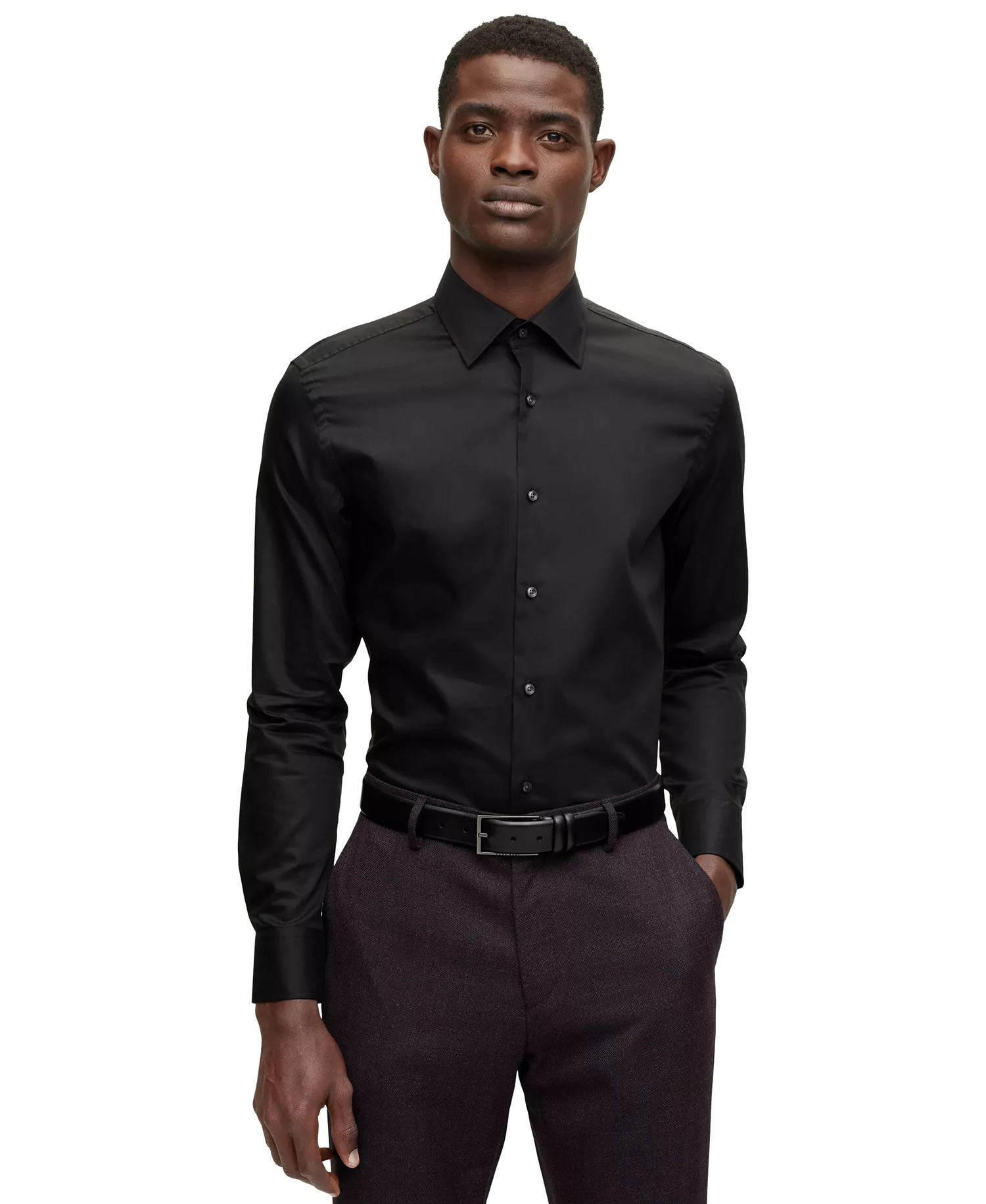 Men's Easy-Iron Slim-Fit Dress Shirt - Black - 14.5