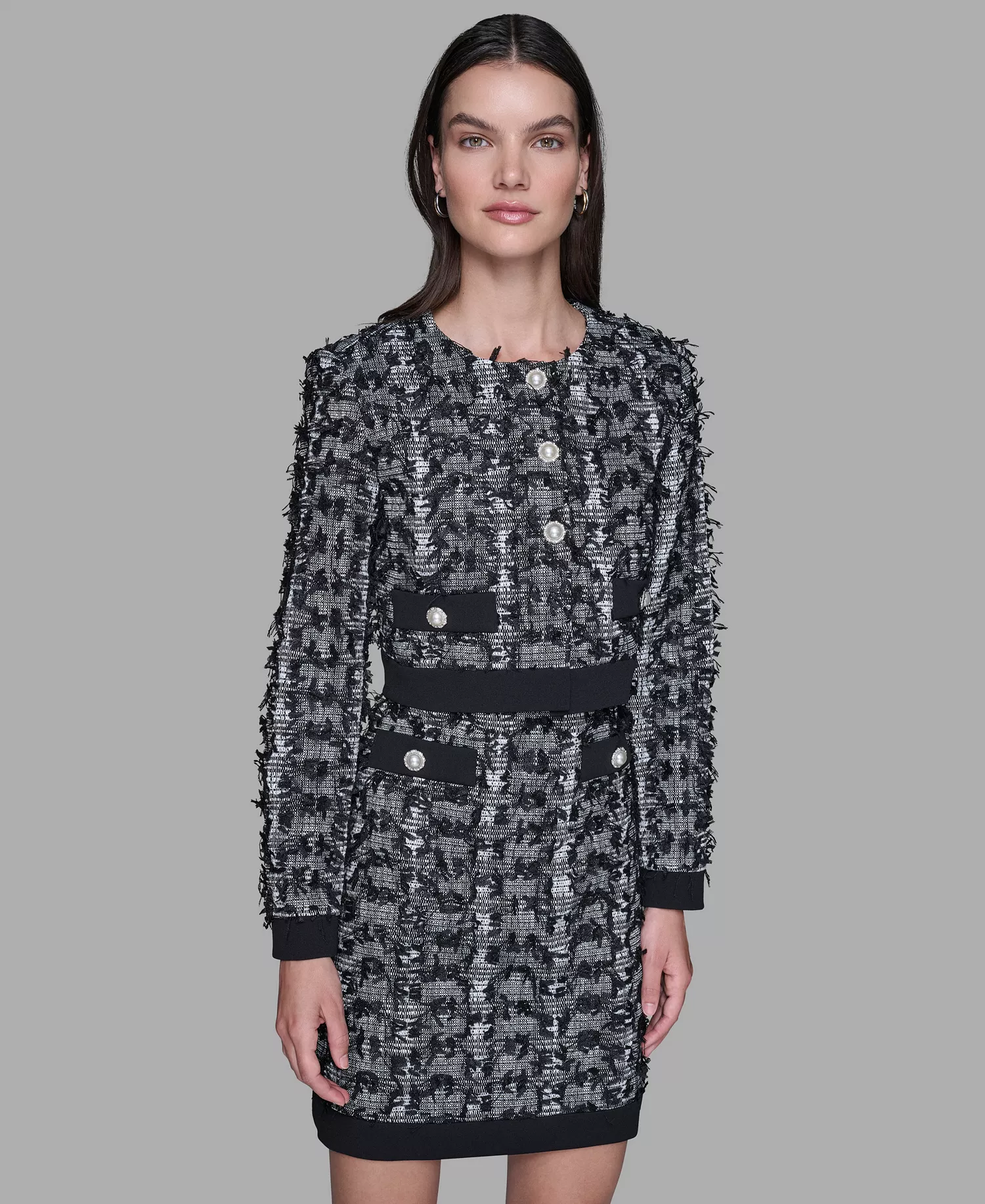 Women's Cropped Tweed Button Front with Jacket - Black/ Soft White/ Black - 10