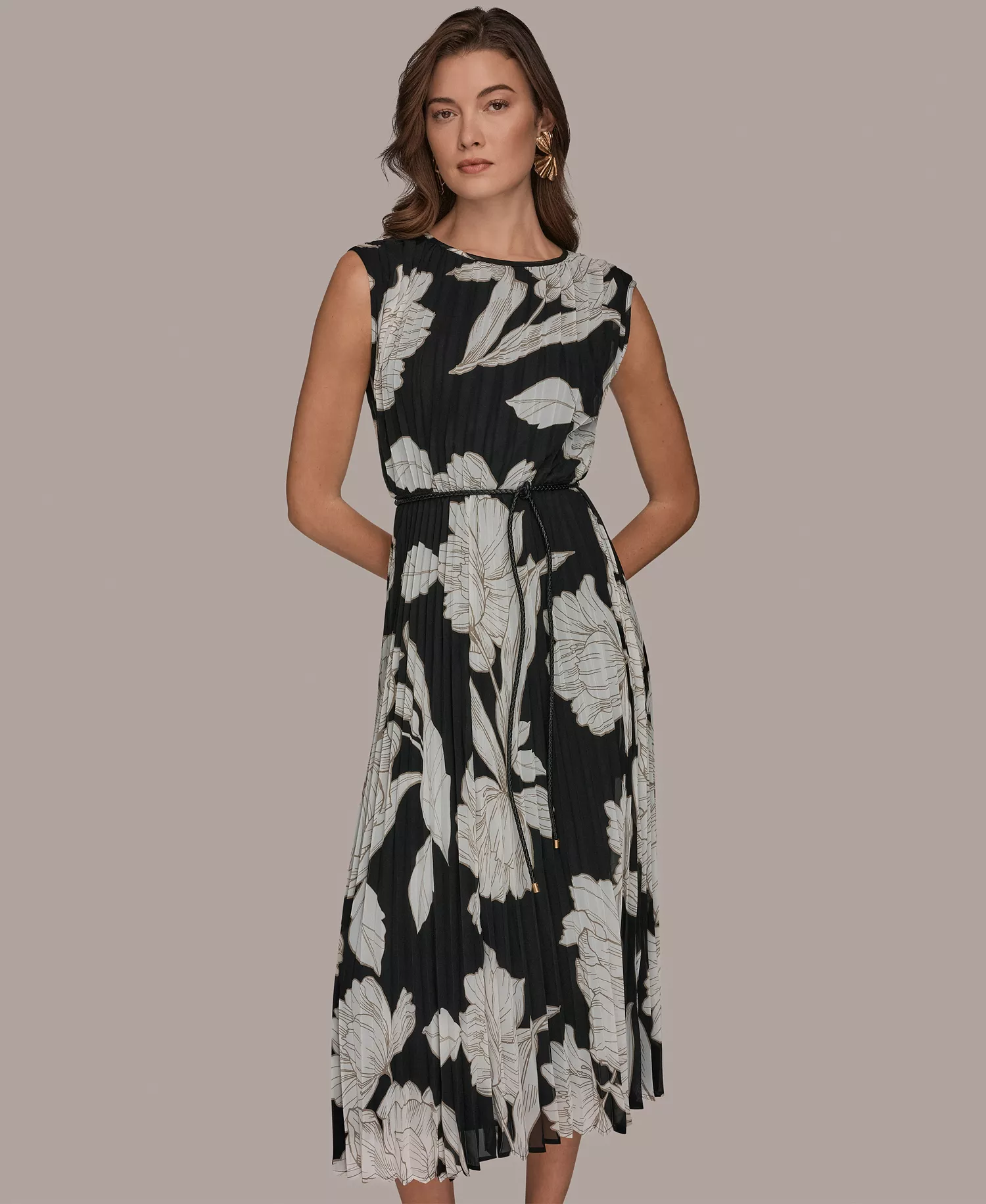 Women's Floral Crew neck Midi Dress - Black/Fawn/Cream - 10