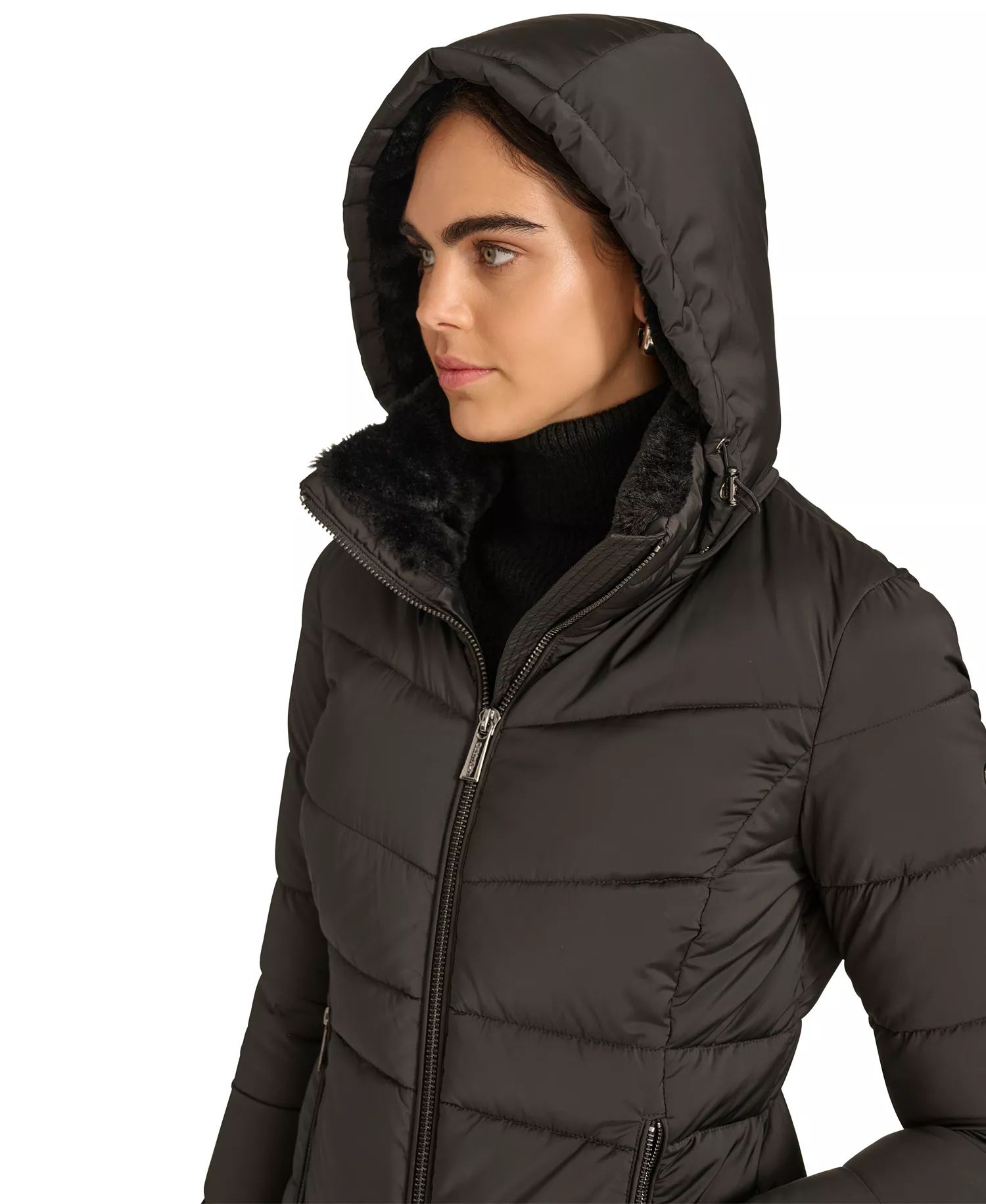 Petite Faux-Fur-Lined Hooded Puffer Coat - Black - PXXL