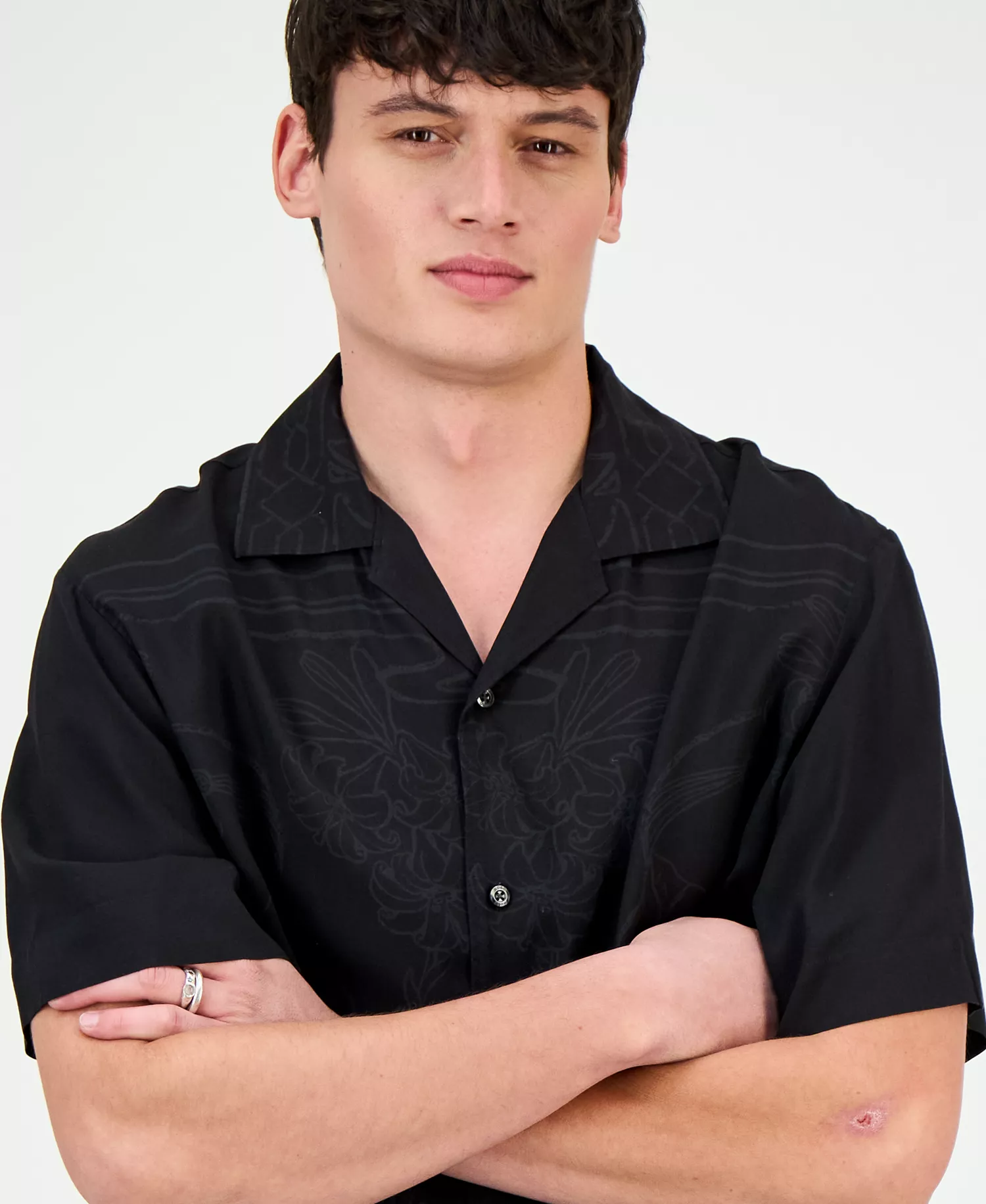 Men's Espino Tonal-Print Regular-Fit Camp Shirt - Black - 2XL