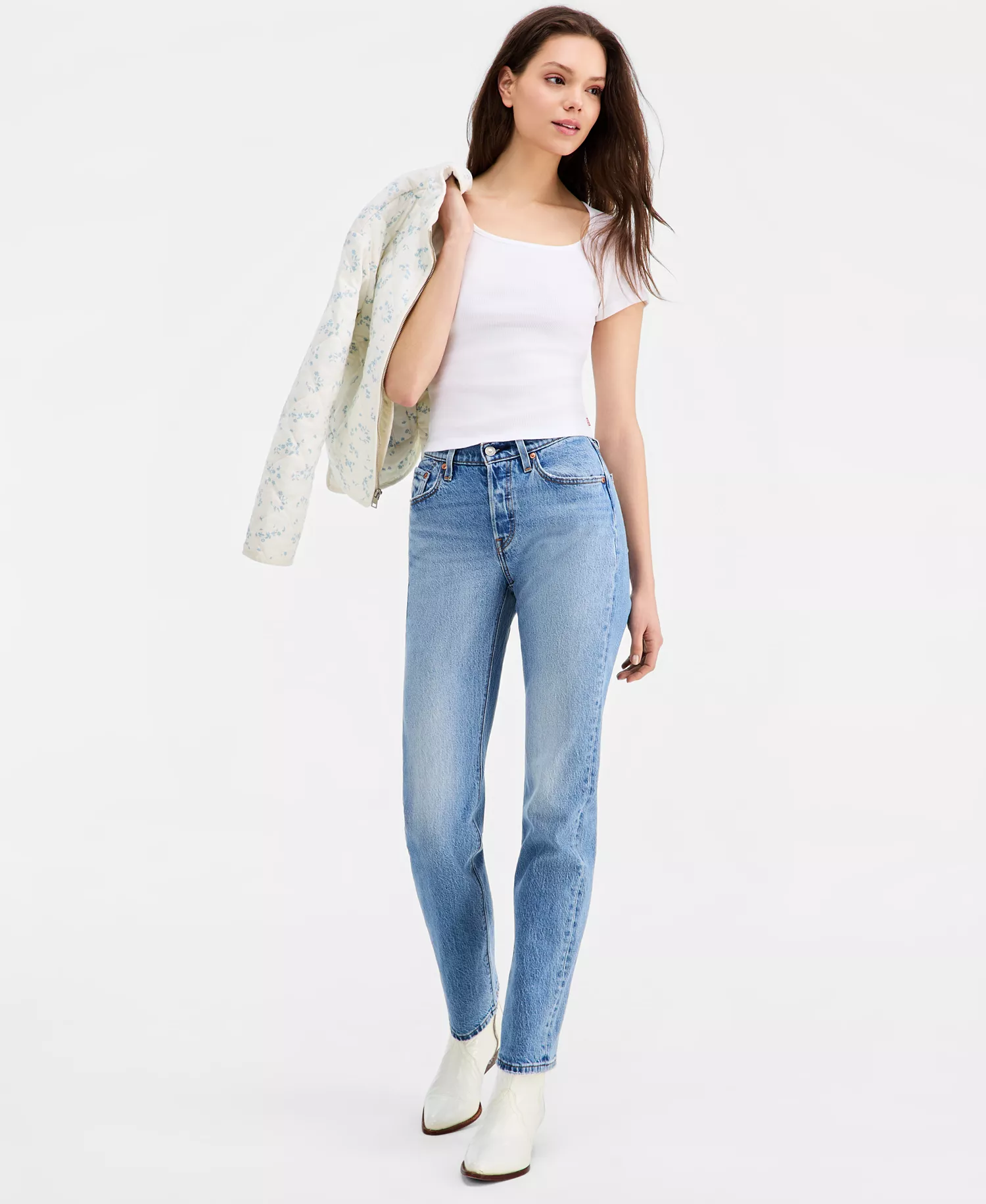 Premium Women's Cotton Rib-Knit Square-Neck Tee - Bright White - L