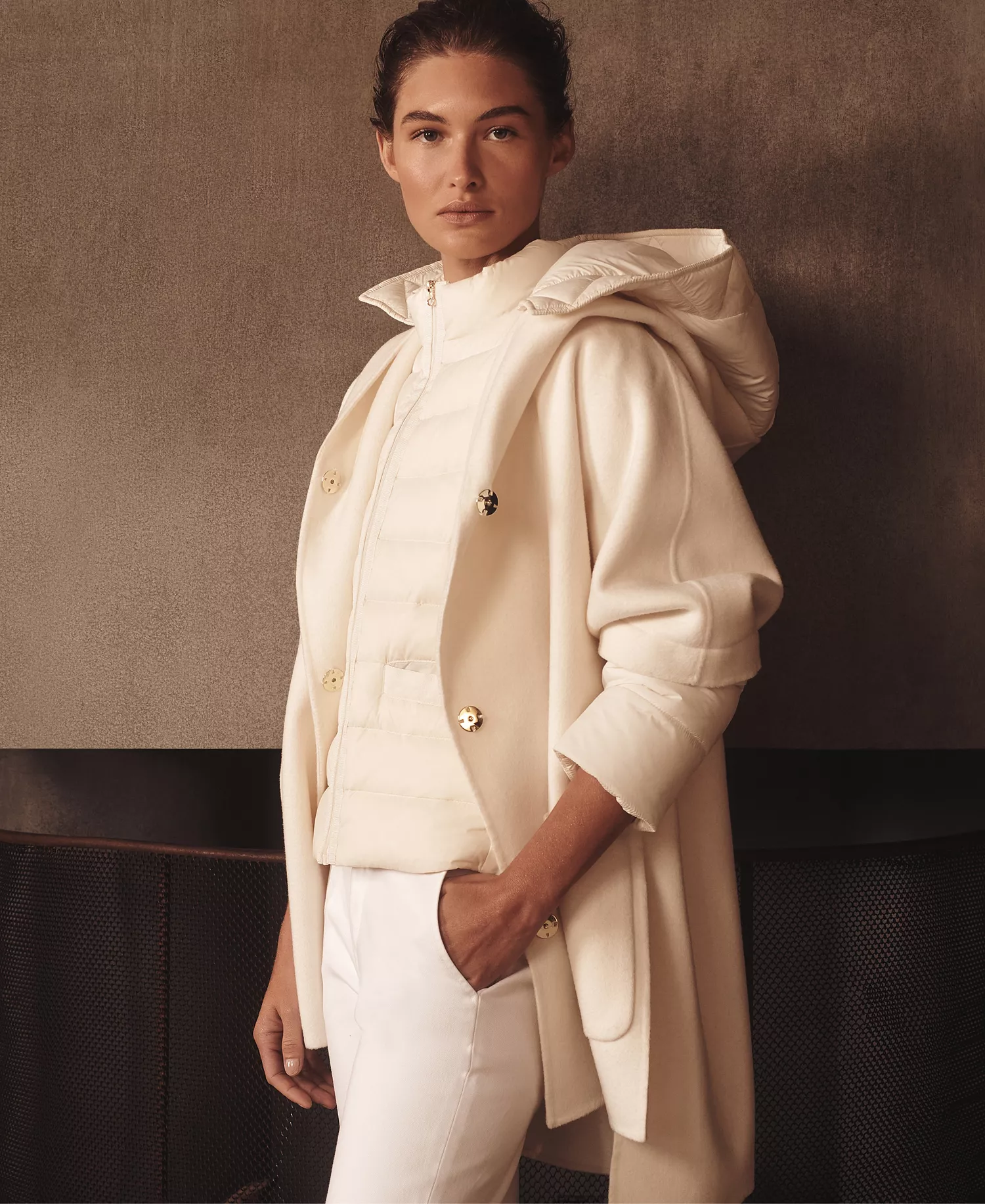 Women's Double Face Wool Cape Coat with Detachable Hood - Cream - L