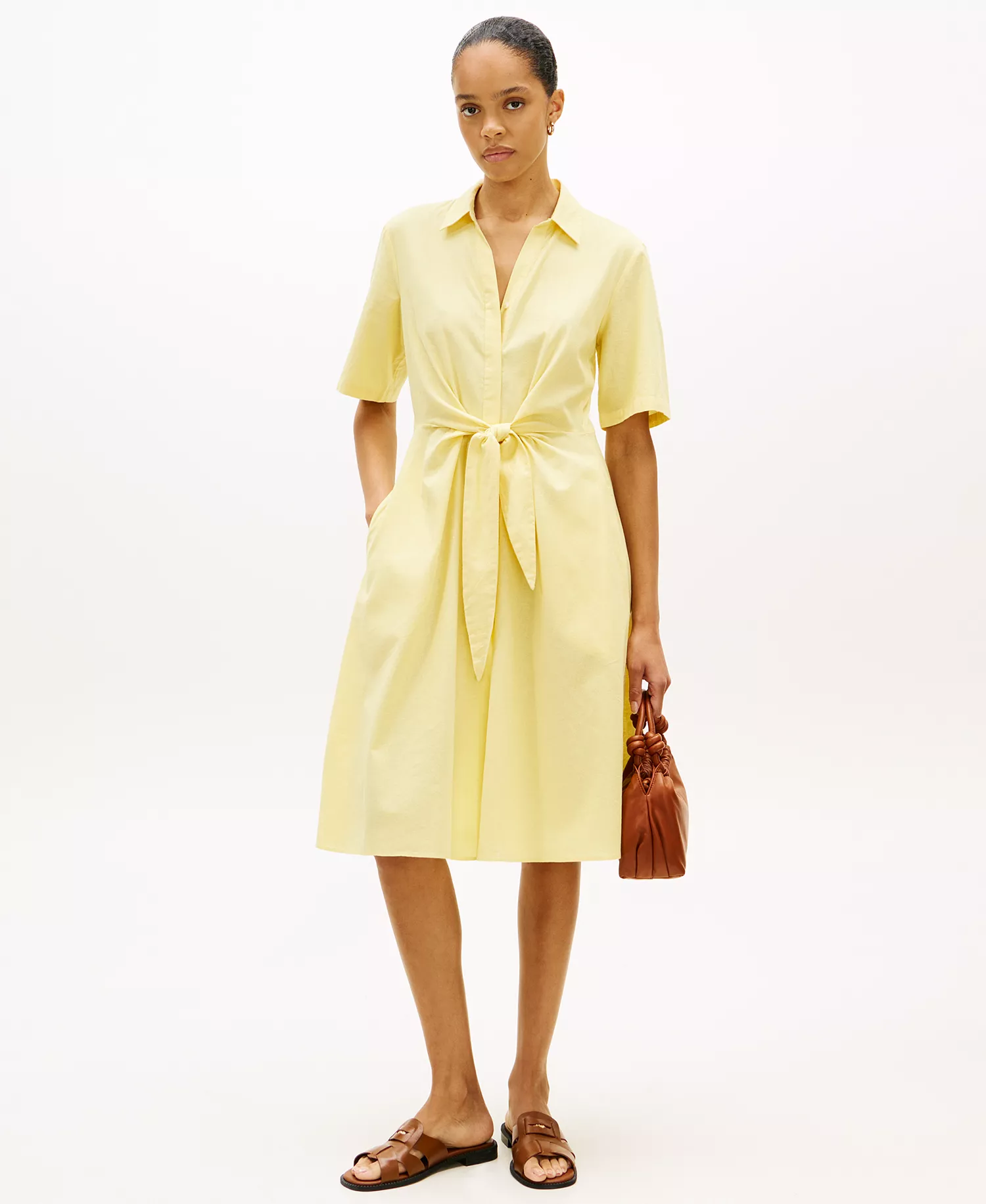 Women's Linen Belted Midi Dress - Citronella - L