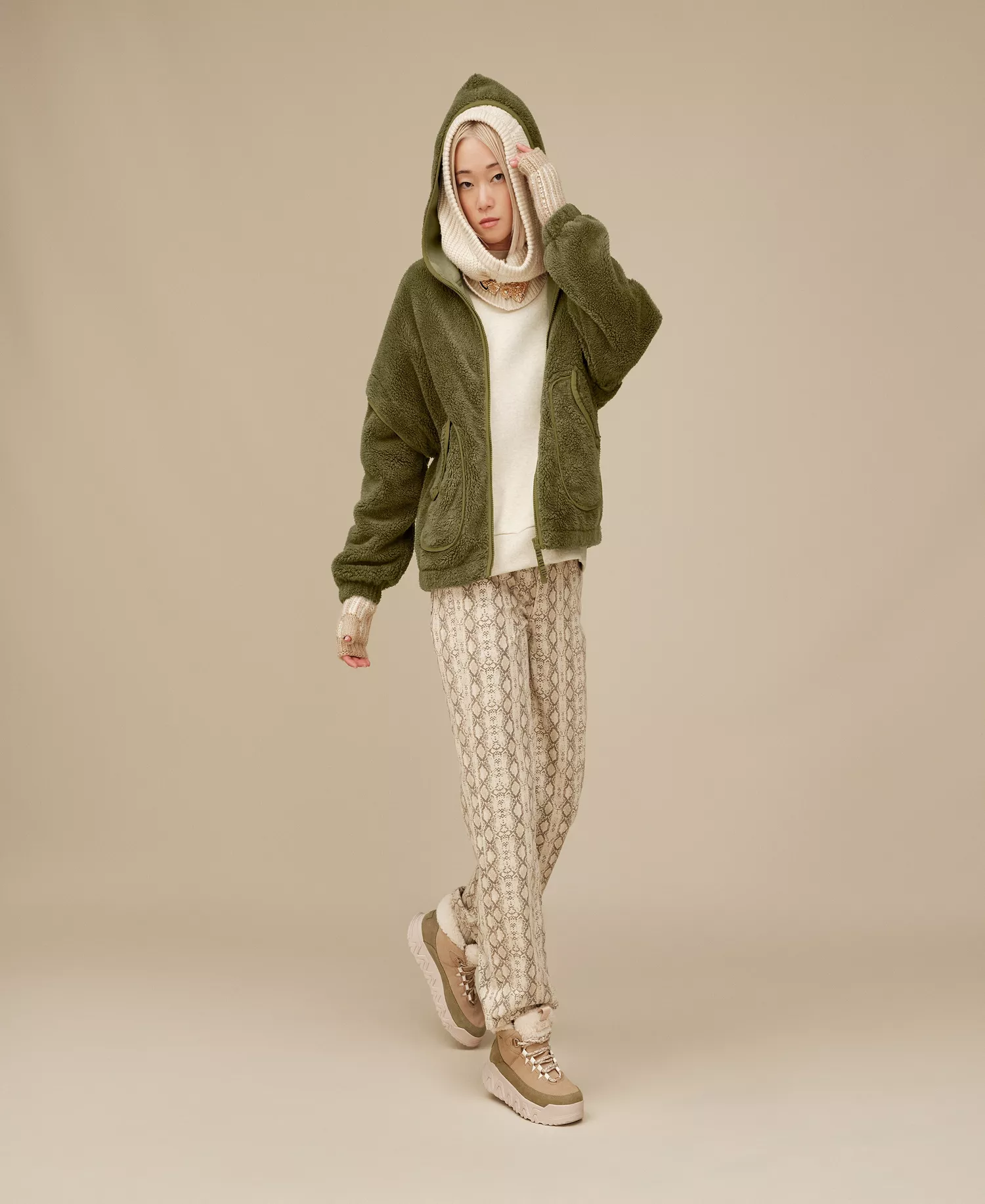 Women's Mariella Fluff Zip Hoodie - Burnt Olive - L