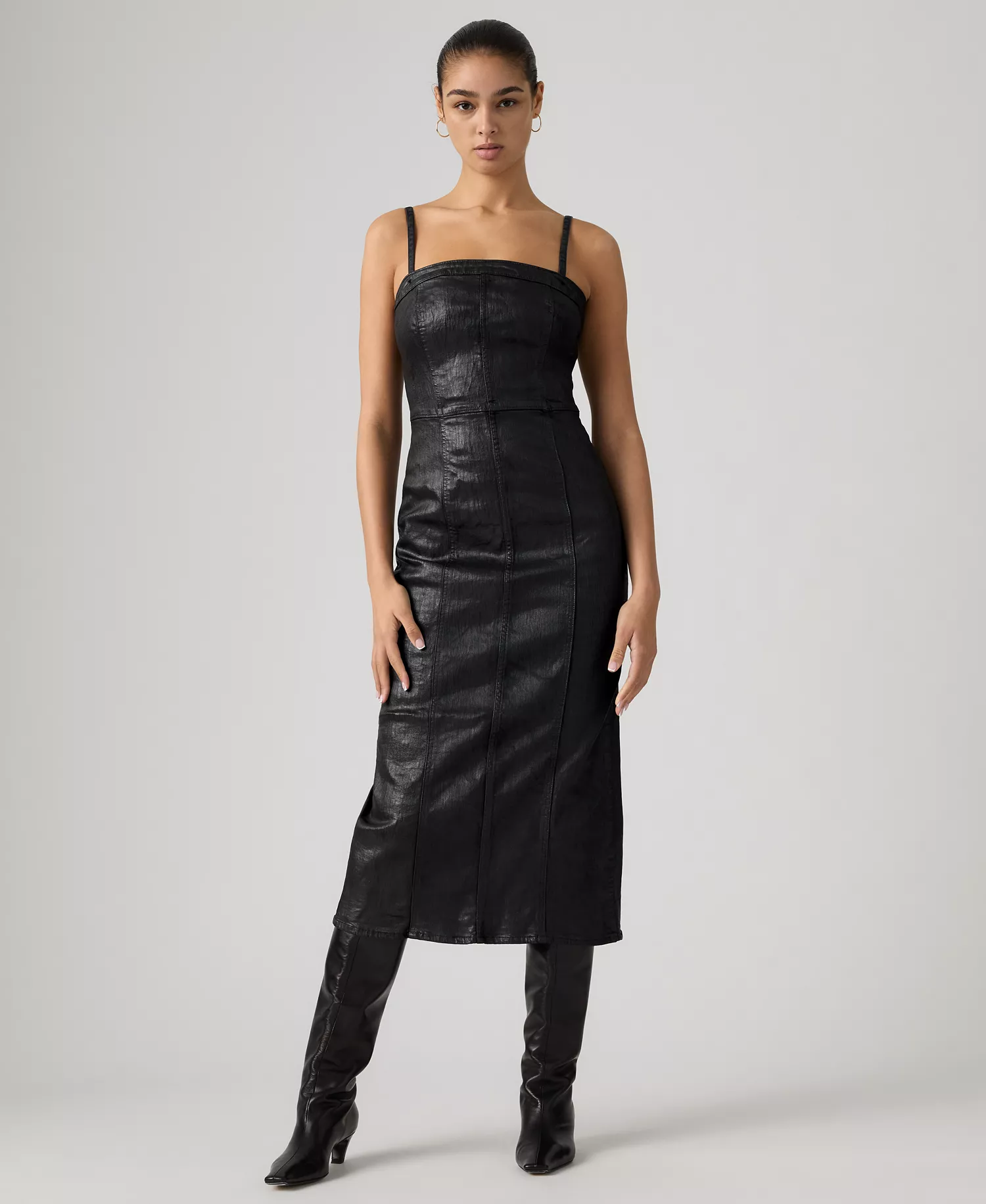 Premium Women's Coated Seamed Bustier Denim Midi Dress - Prize Fight - M