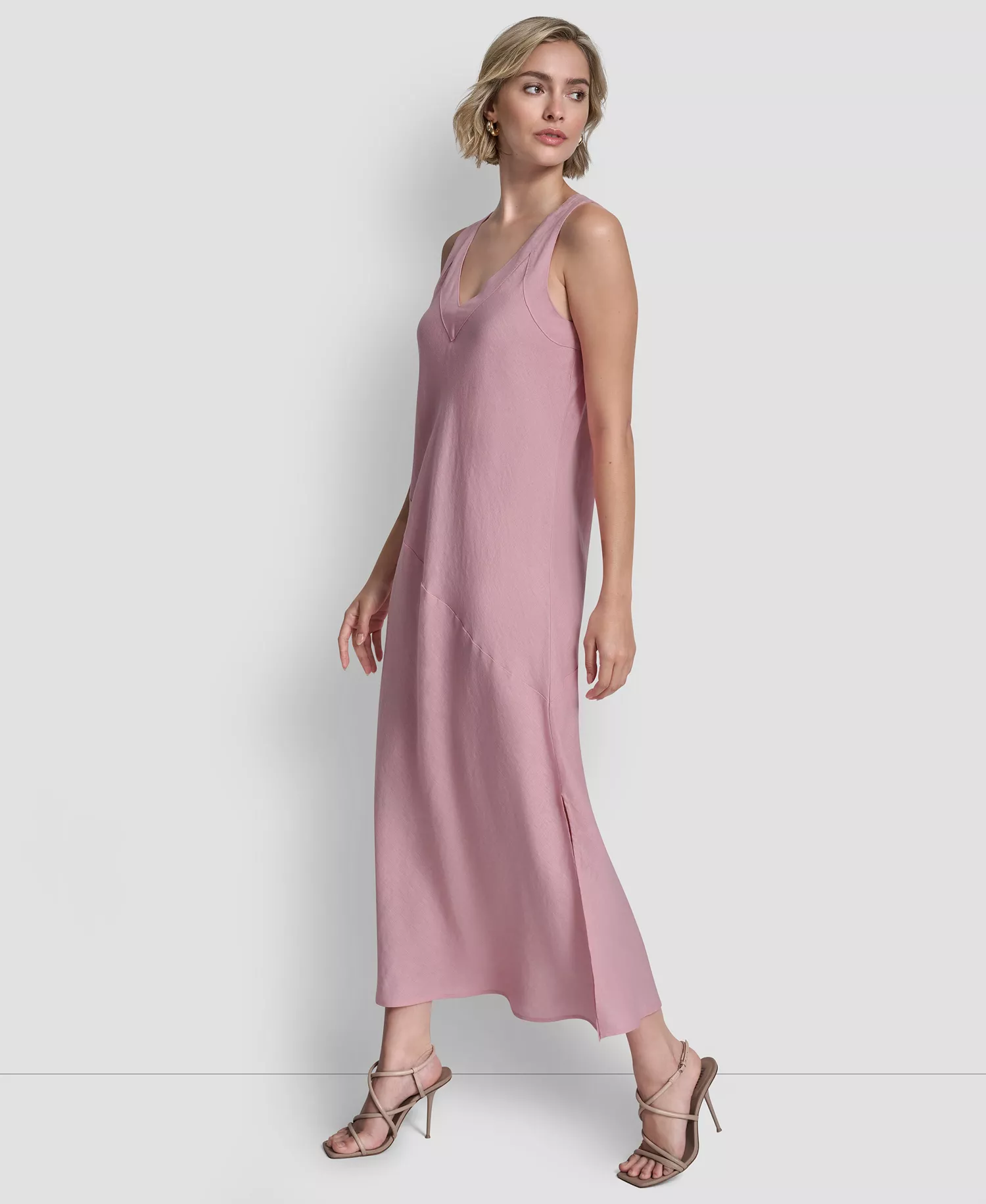 Women's Linen Panelled V-Neck Midi Dress - Bloom Pink - L