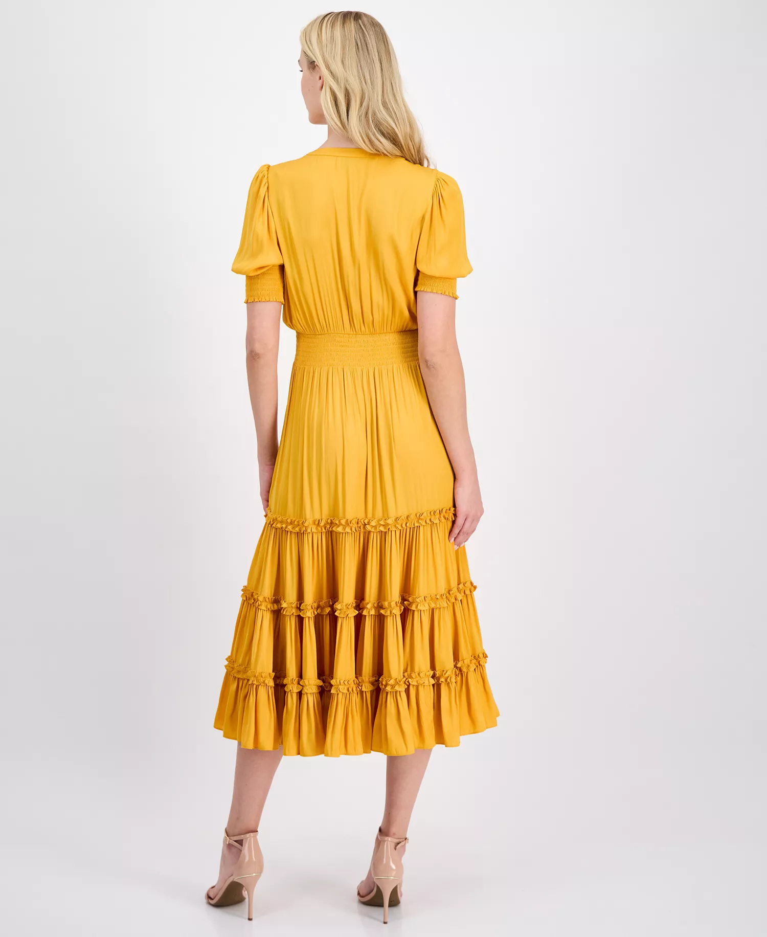 Women's Puff-Sleeve Tiered Midi Dress - Sunset Blaze - L