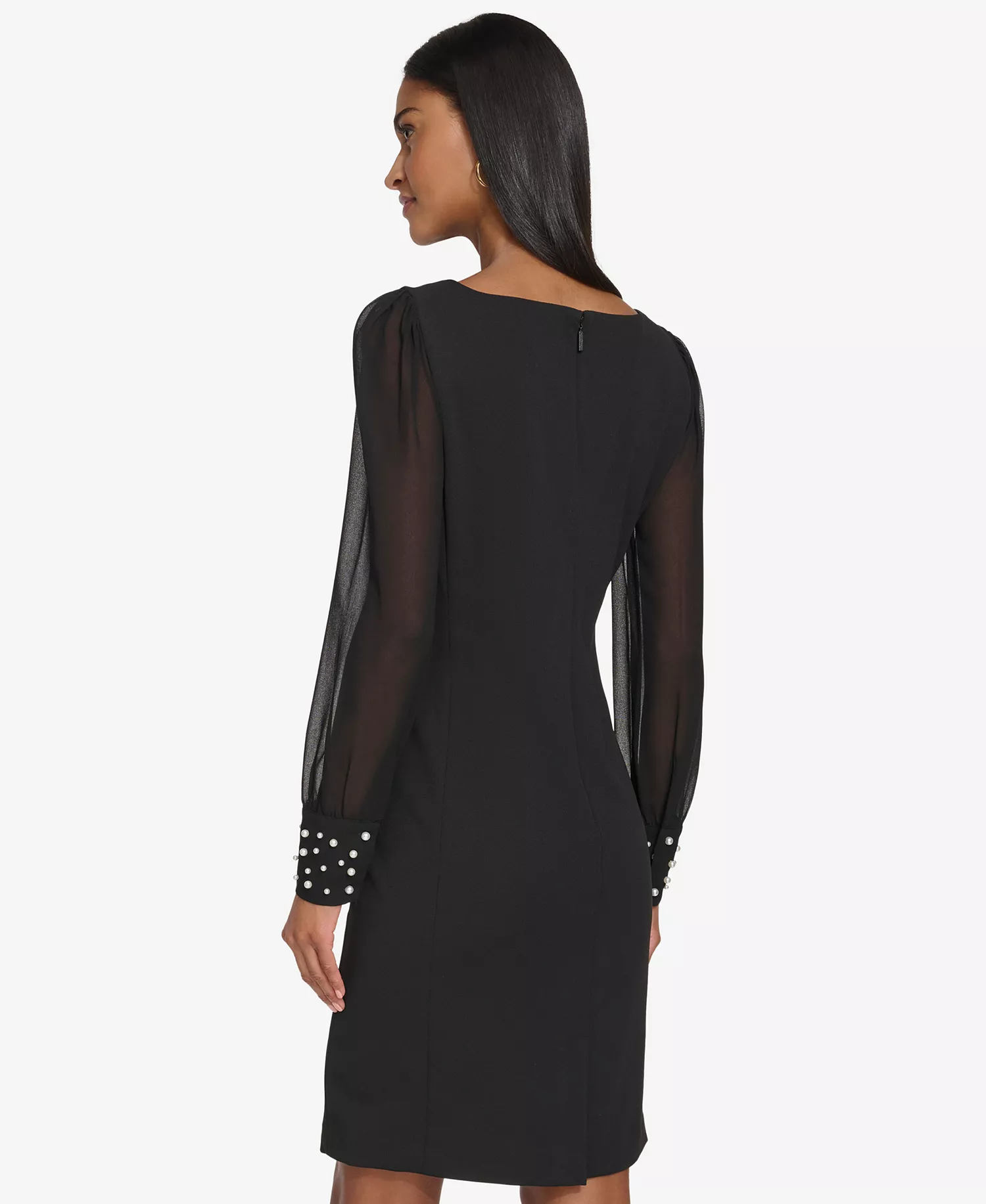 Women's Illusion-Sleeve Beaded-Cuff Dress - Black - 6