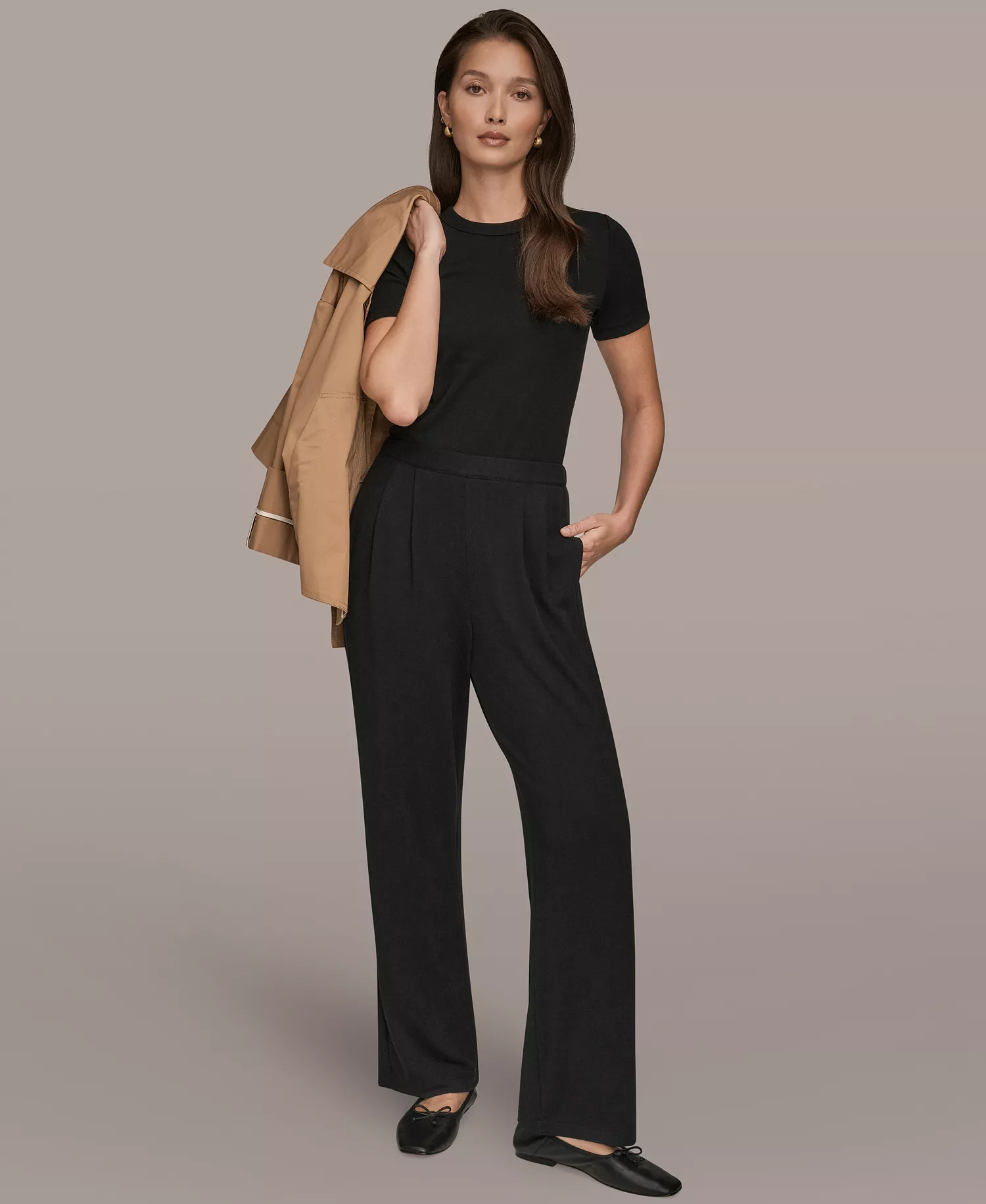 Women's Brushed Jersey High Rise Pleated Pull-On Pants - Black - L