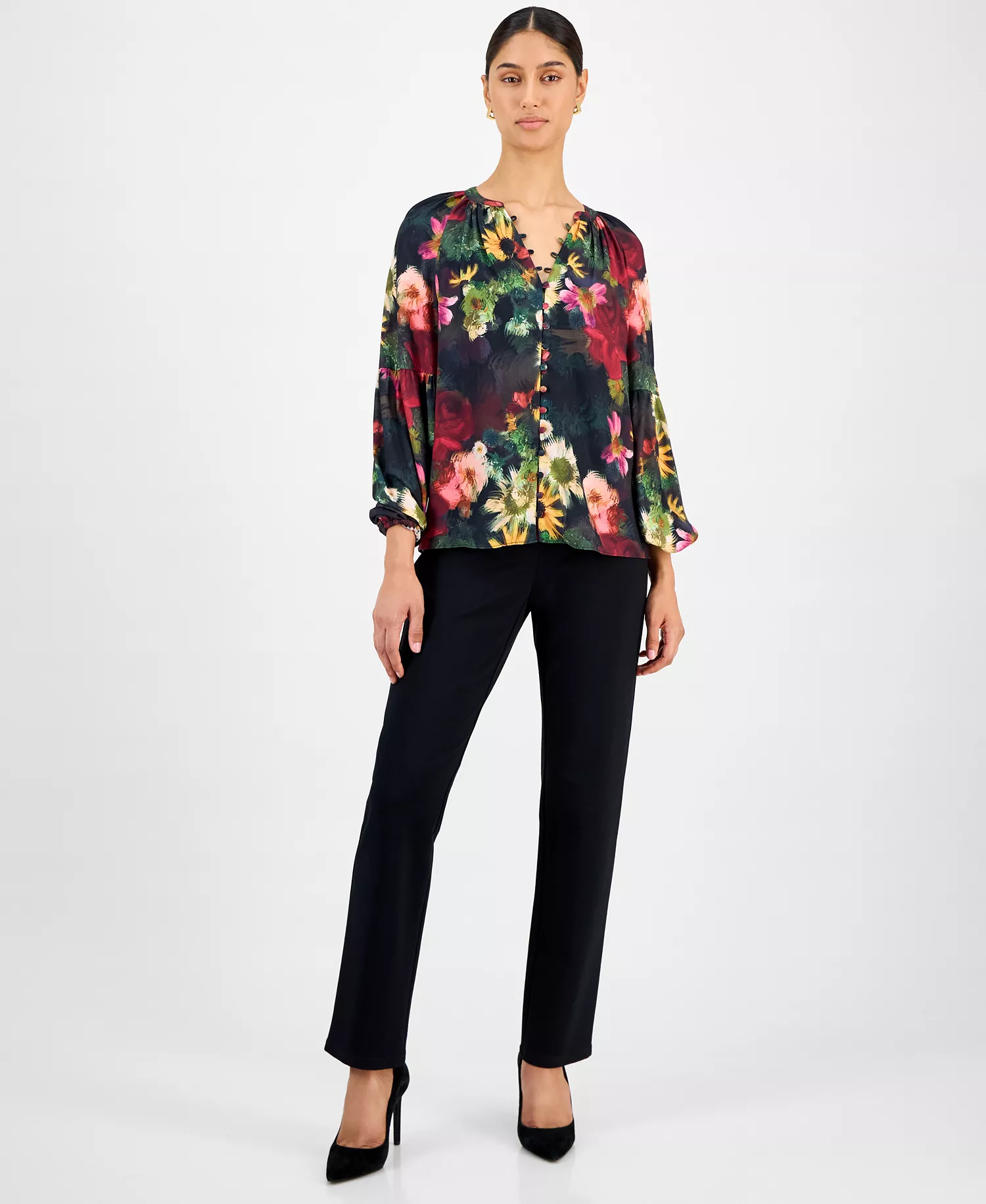 Women's Floral Split-Neck Blouse - Midnight Garden - M