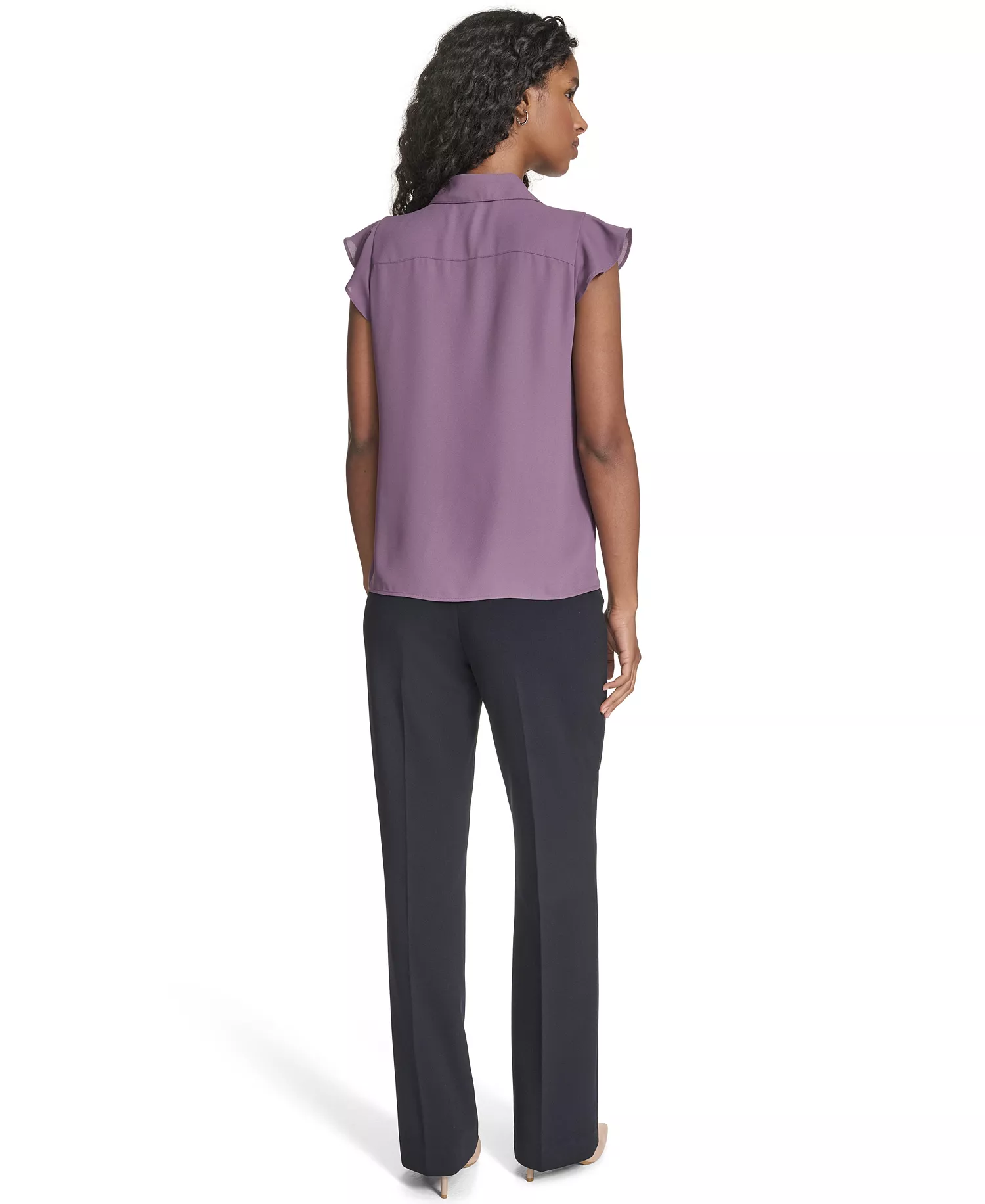 Petite Solid Cap Sleeve Ruffle Front Top - Winter Plum - P/XS