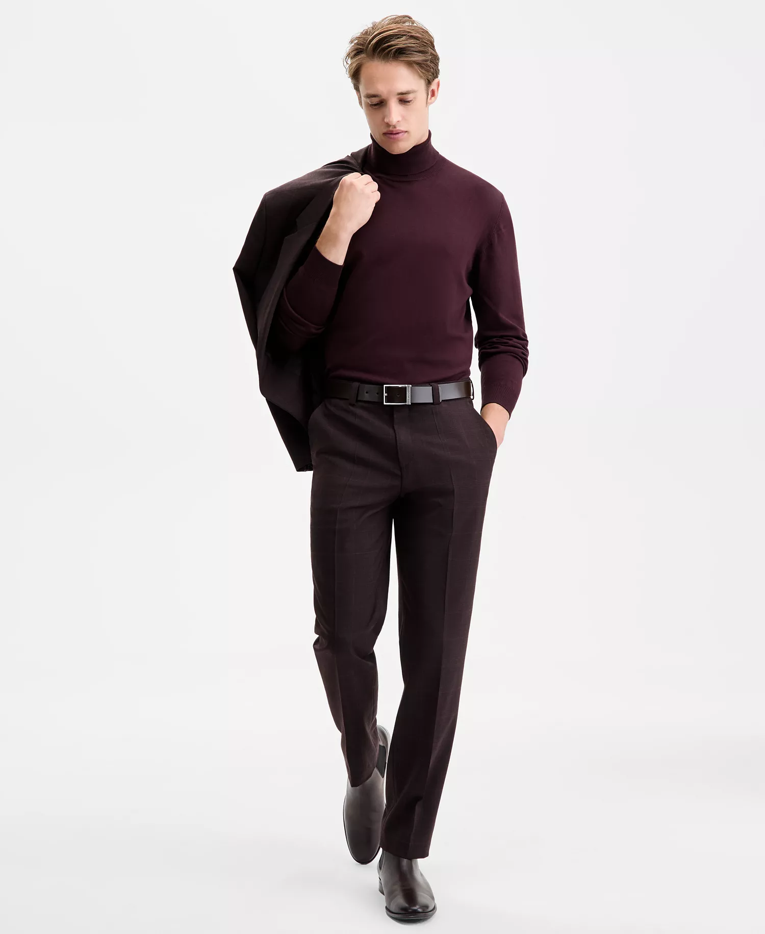 Men's Modern-Fit Plaid Suit Pants - Burgundy - 30x30